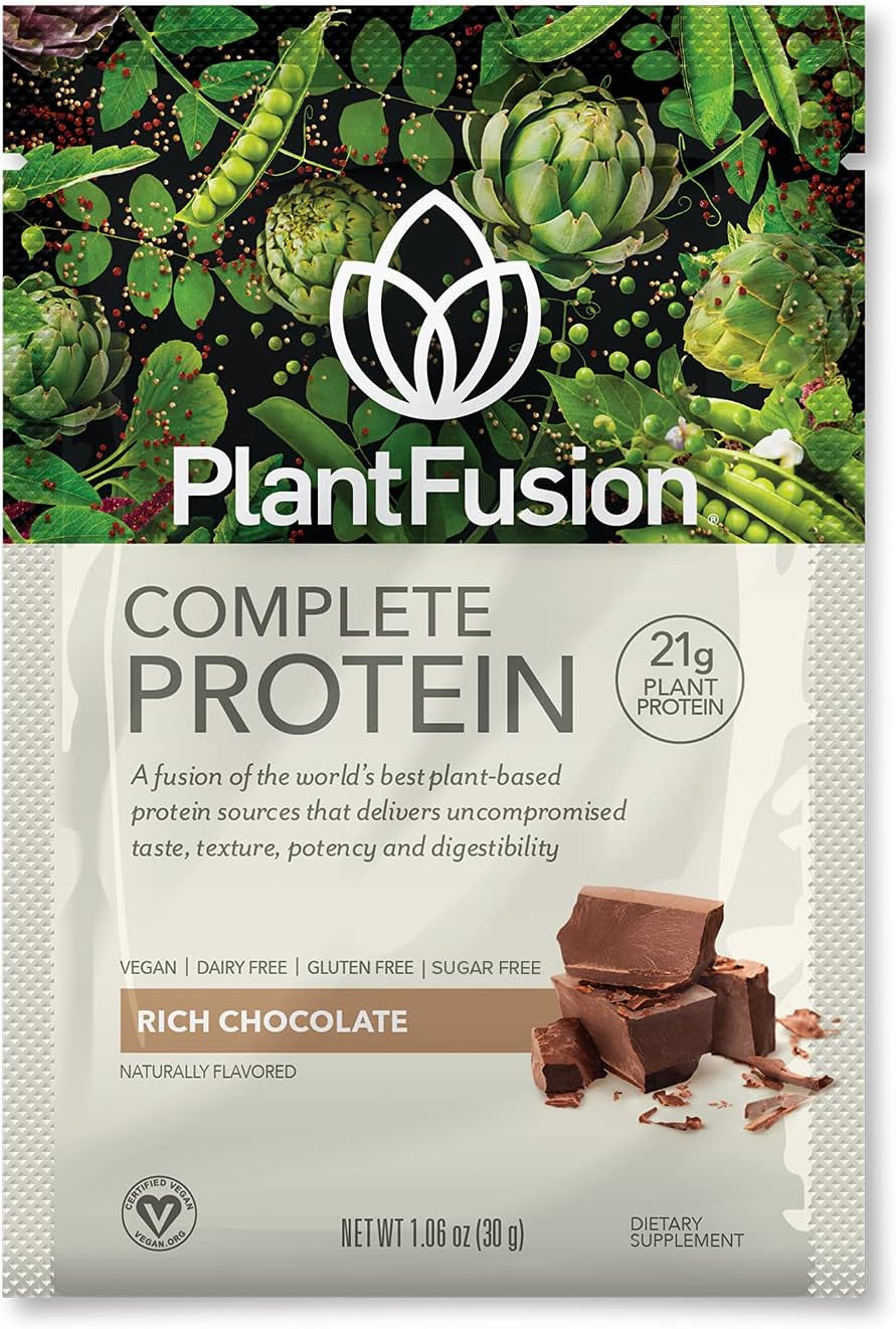 PlantFusion Chocolate Vegan Protein Powder - Complete Plant-Based Protein with BCAAs, Digestive Enzymes, and Pea Protein - Pack of 12