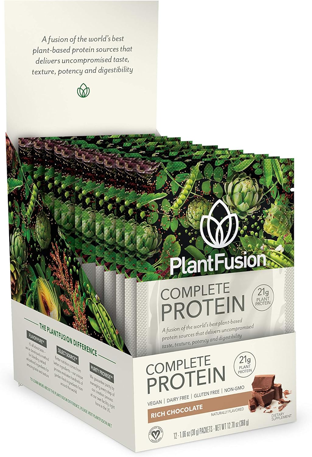 PlantFusion Chocolate Vegan Protein Powder - Complete Plant-Based Protein with BCAAs, Digestive Enzymes, and Pea Protein - Pack of 12