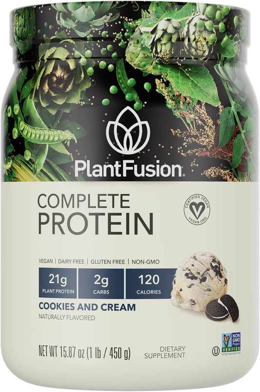 PlantFusion Cookies & Cream Vegan Protein Powder - Complete Plant-Based Protein with BCAAs, Digestive Enzymes, Pea Protein - Keto, Gluten-Free, Soy-Free, Non-Dairy, Non-GMO - 1 lb