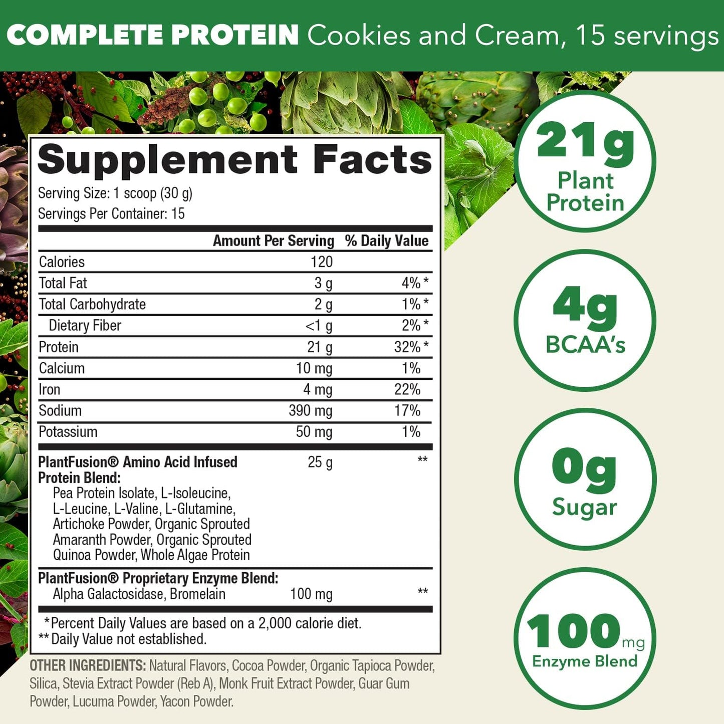 PlantFusion Cookies & Cream Vegan Protein Powder - Complete Plant-Based Protein with BCAAs, Digestive Enzymes, Pea Protein - Keto, Gluten-Free, Soy-Free, Non-Dairy, Non-GMO - 1 lb