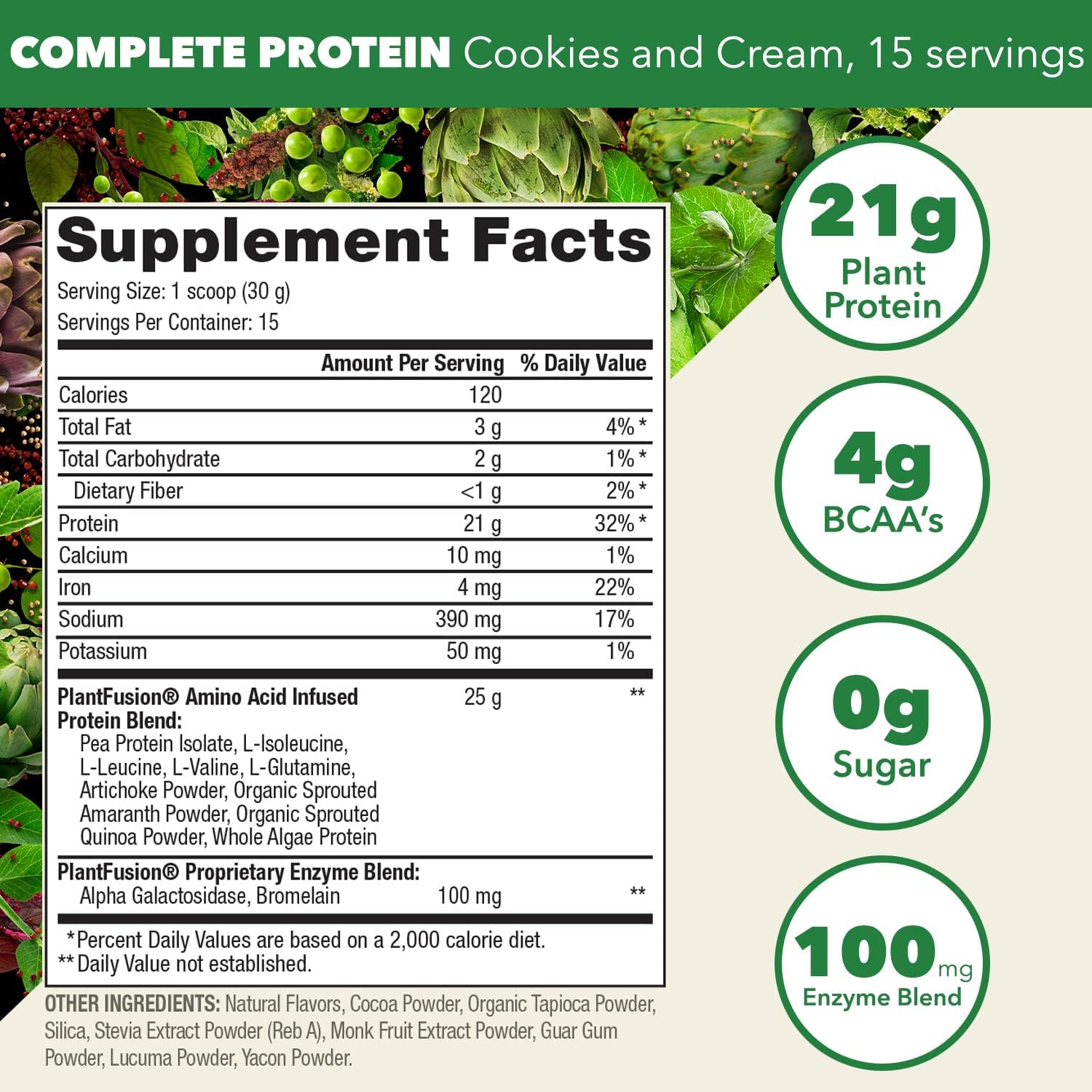 PlantFusion Cookies & Cream Vegan Protein Powder - Complete Plant-Based Protein with BCAAs, Digestive Enzymes, Pea Protein - Keto, Gluten-Free, Soy-Free, Non-Dairy, Non-GMO - 1 lb