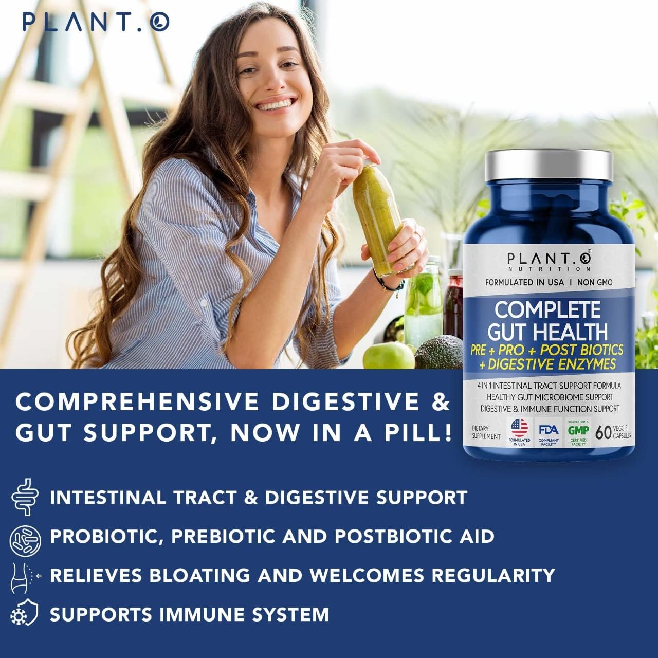 Plant.O Nutrition 4-in-1 Gut & Digestive Support Supplement for Women & Men, 60 Capsules