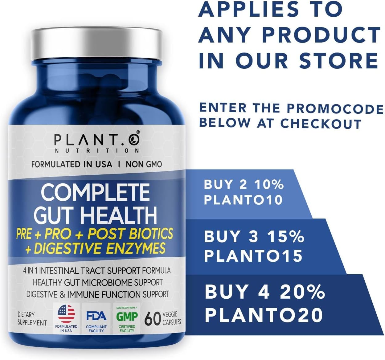 Plant.O Nutrition 4-in-1 Gut & Digestive Support Supplement for Women & Men, 60 Capsules