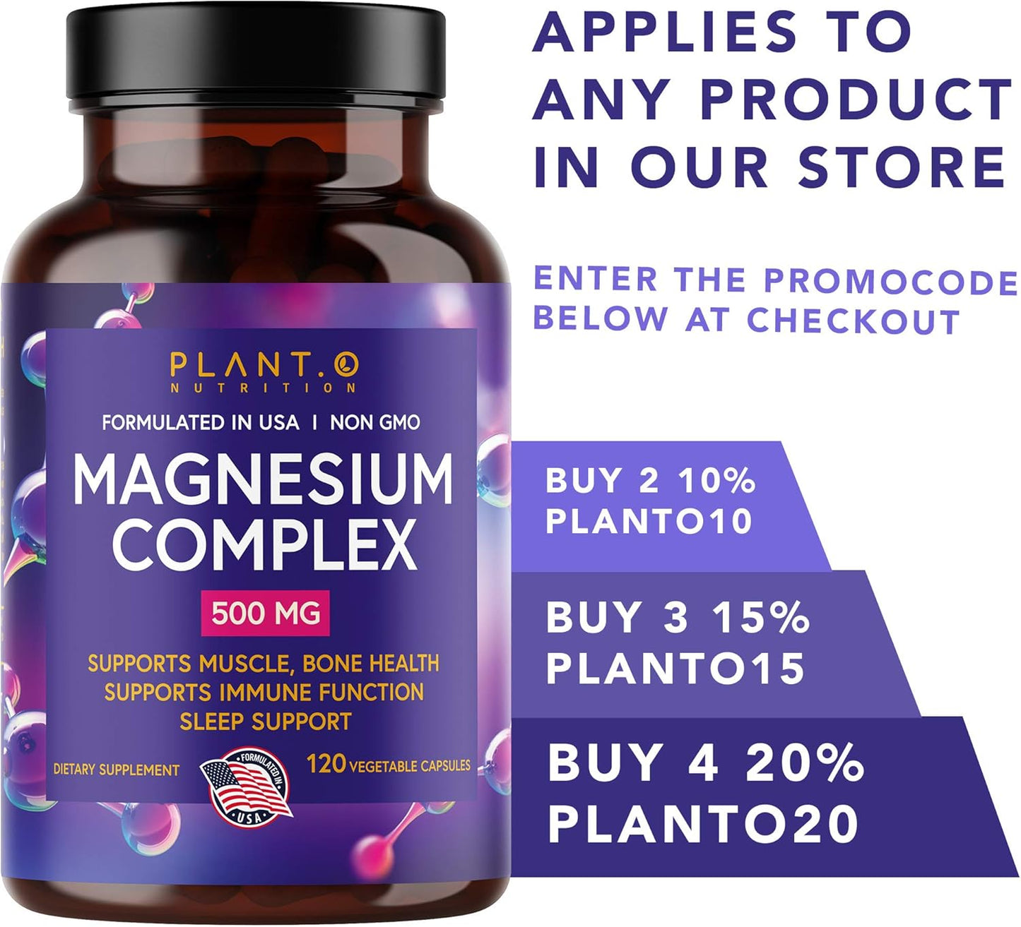 Plant.O Premium Magnesium Supplement 500mg - Vegan Oxide & Citrate for Sleep, Calm, Muscle Relaxer, Natural Energy - Non-GMO, High Absorption Complex - 120 Veggie Capsules