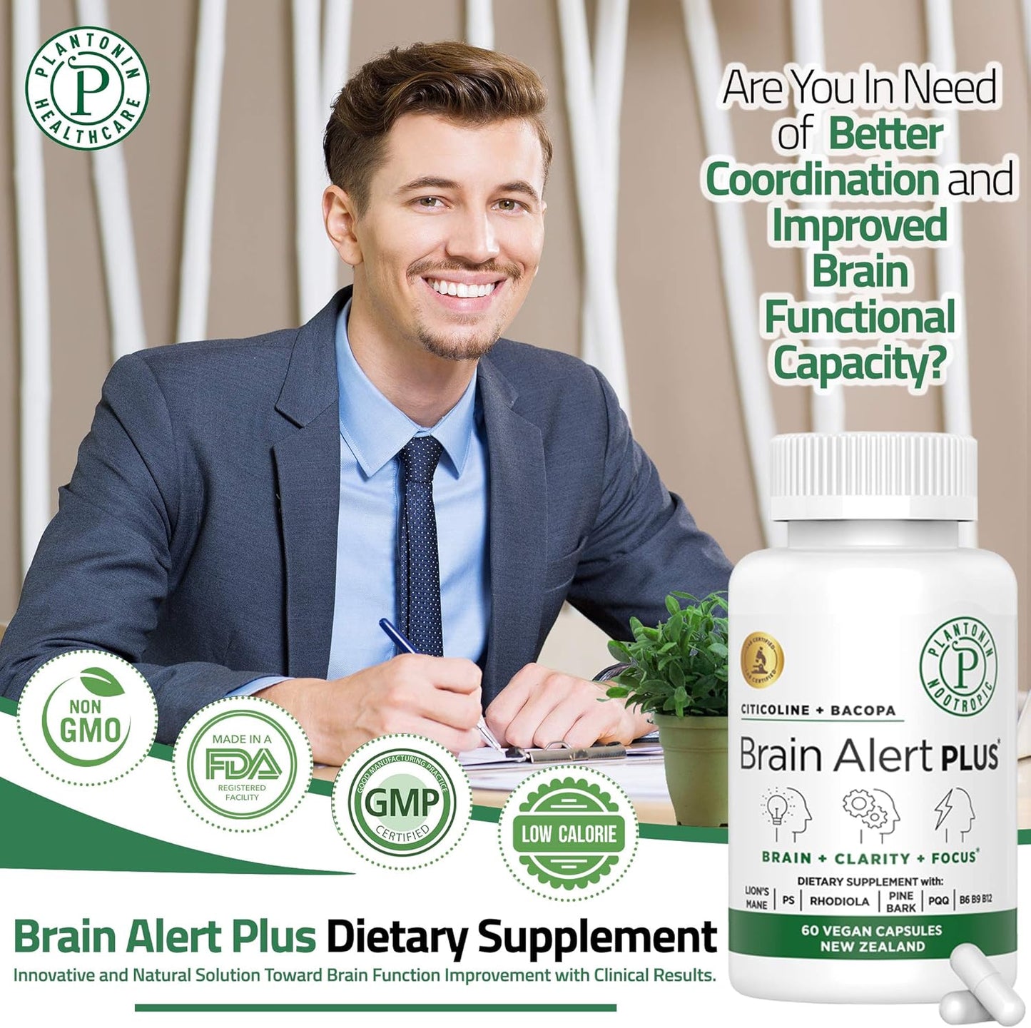 Plantonin Brain Alert Supplement with Citicoline and Bacopa Monnieri for Improved Cognitive Function and Mental Clarity