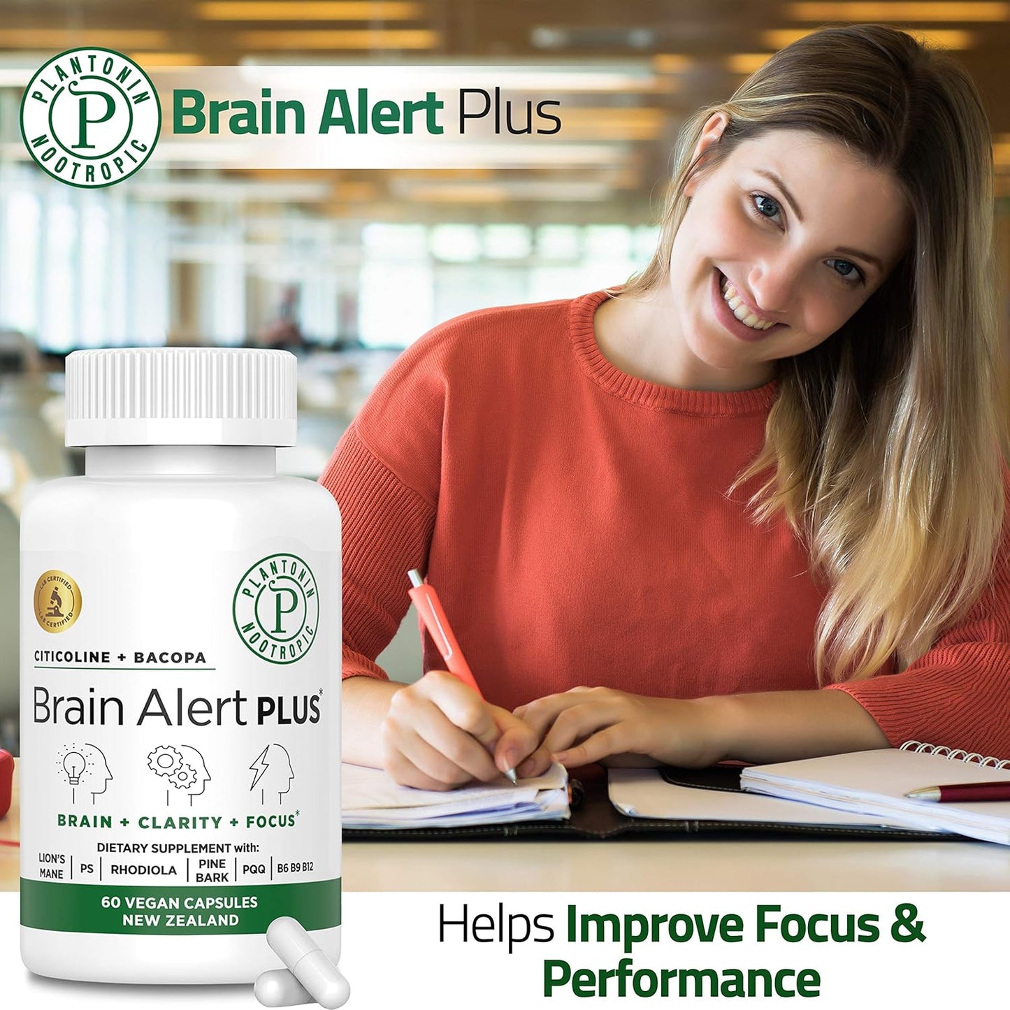 Plantonin Brain Alert Supplement with Citicoline and Bacopa Monnieri for Improved Cognitive Function and Mental Clarity