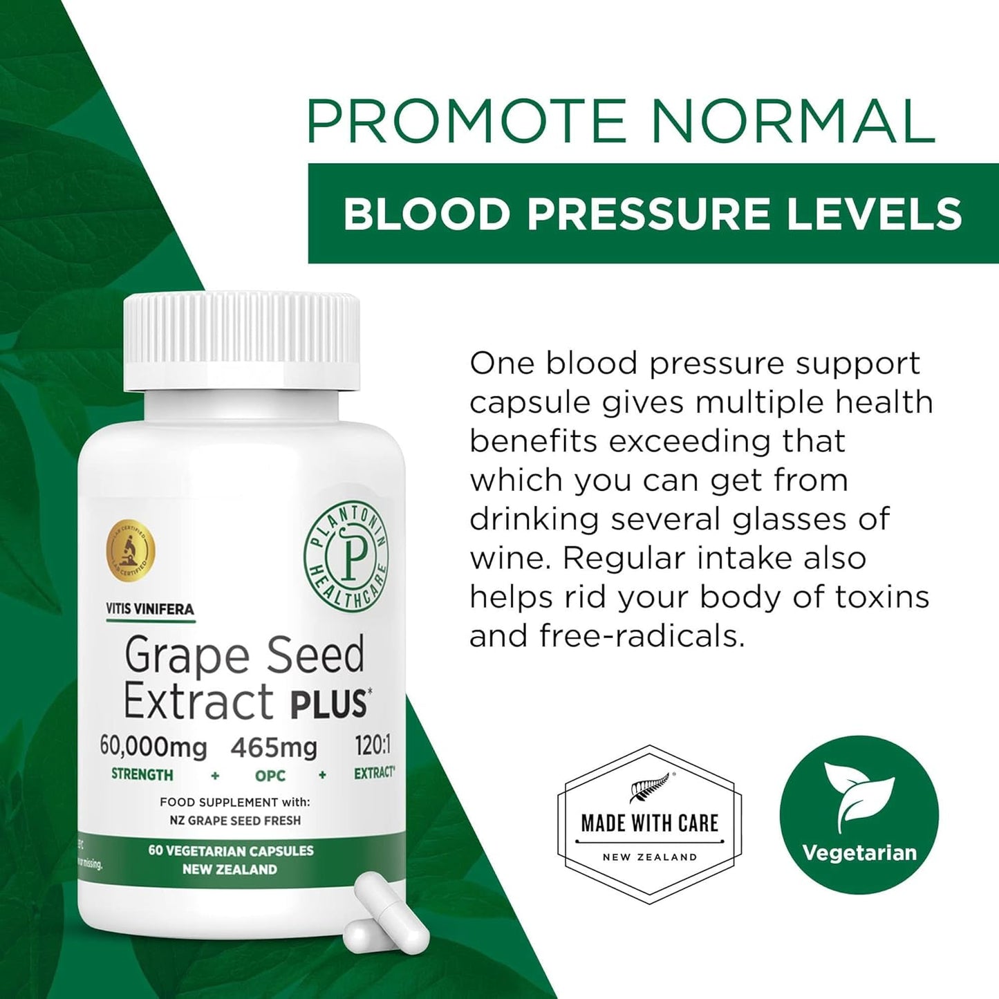 Plantonin Grape Seed Extract 500mg - High Strength 60,000mg - 60 Capsules - 2 Month Supply - Non-GMO & Gluten Free