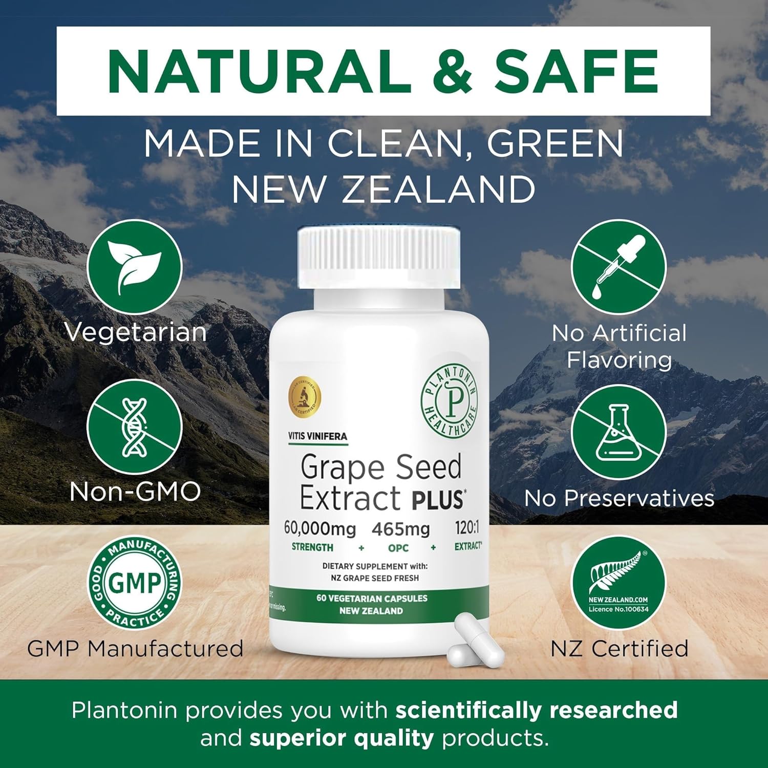 Plantonin Grape Seed Extract 500mg - High Strength 60,000mg - 60 Capsules - 2 Month Supply - Non-GMO & Gluten Free