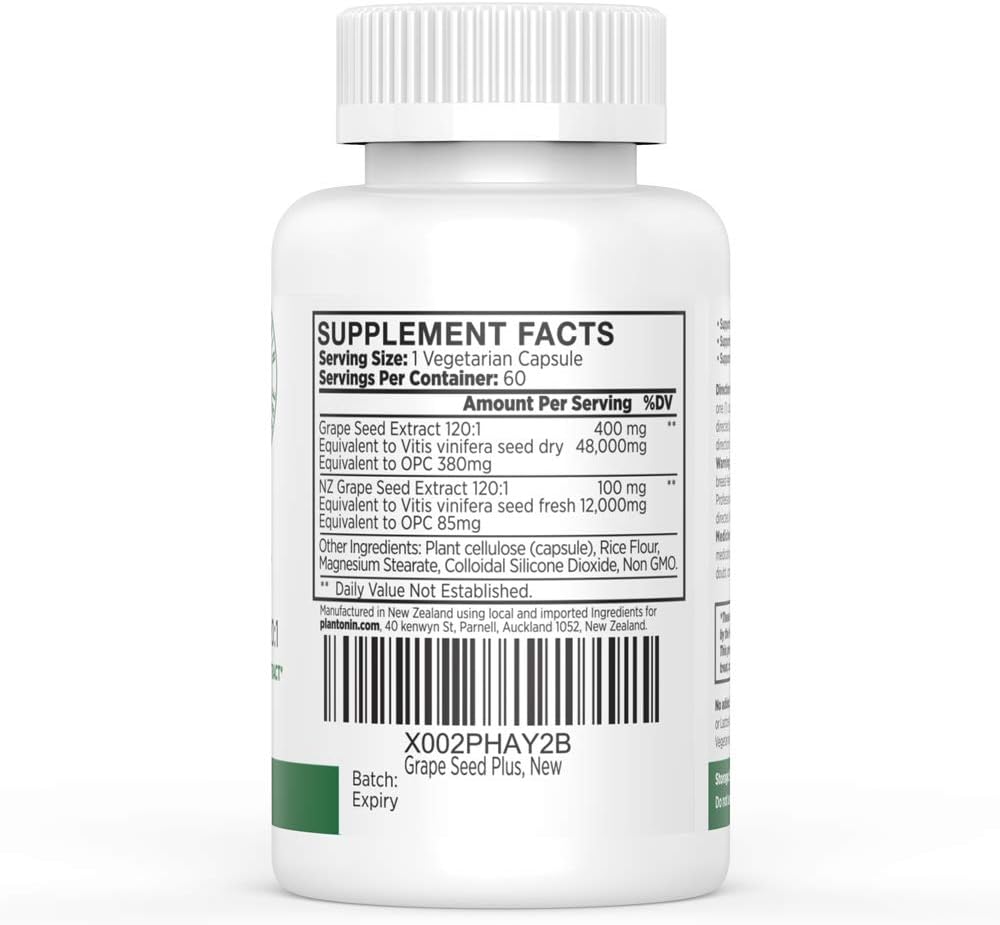 Plantonin Grape Seed Extract 500mg - High Strength 60,000mg - 60 Capsules - 2 Month Supply - Non-GMO & Gluten Free