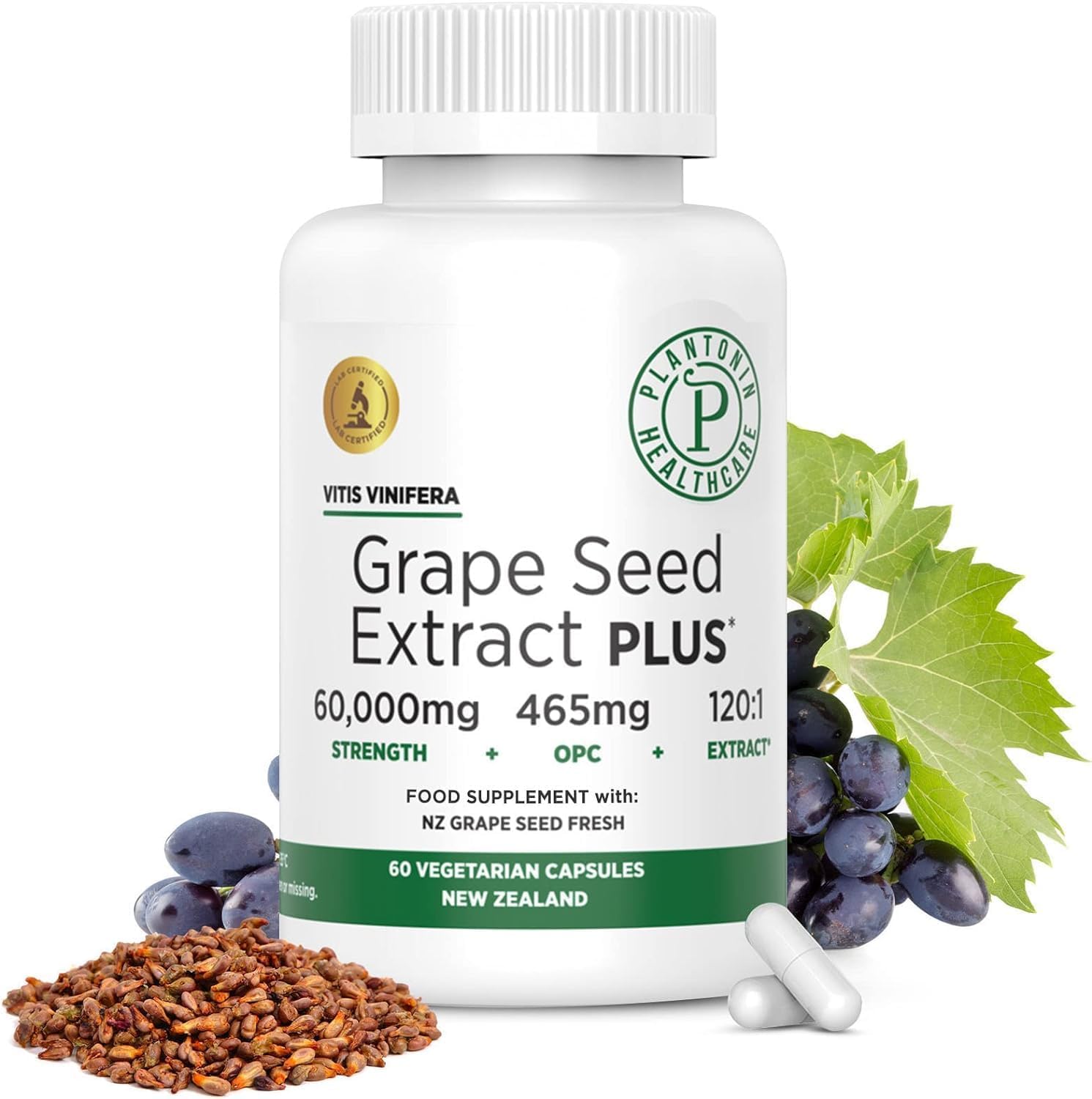 Plantonin Grape Seed Extract 500mg - High Strength 60,000mg - 60 Capsules - 2 Month Supply - Non-GMO & Gluten Free