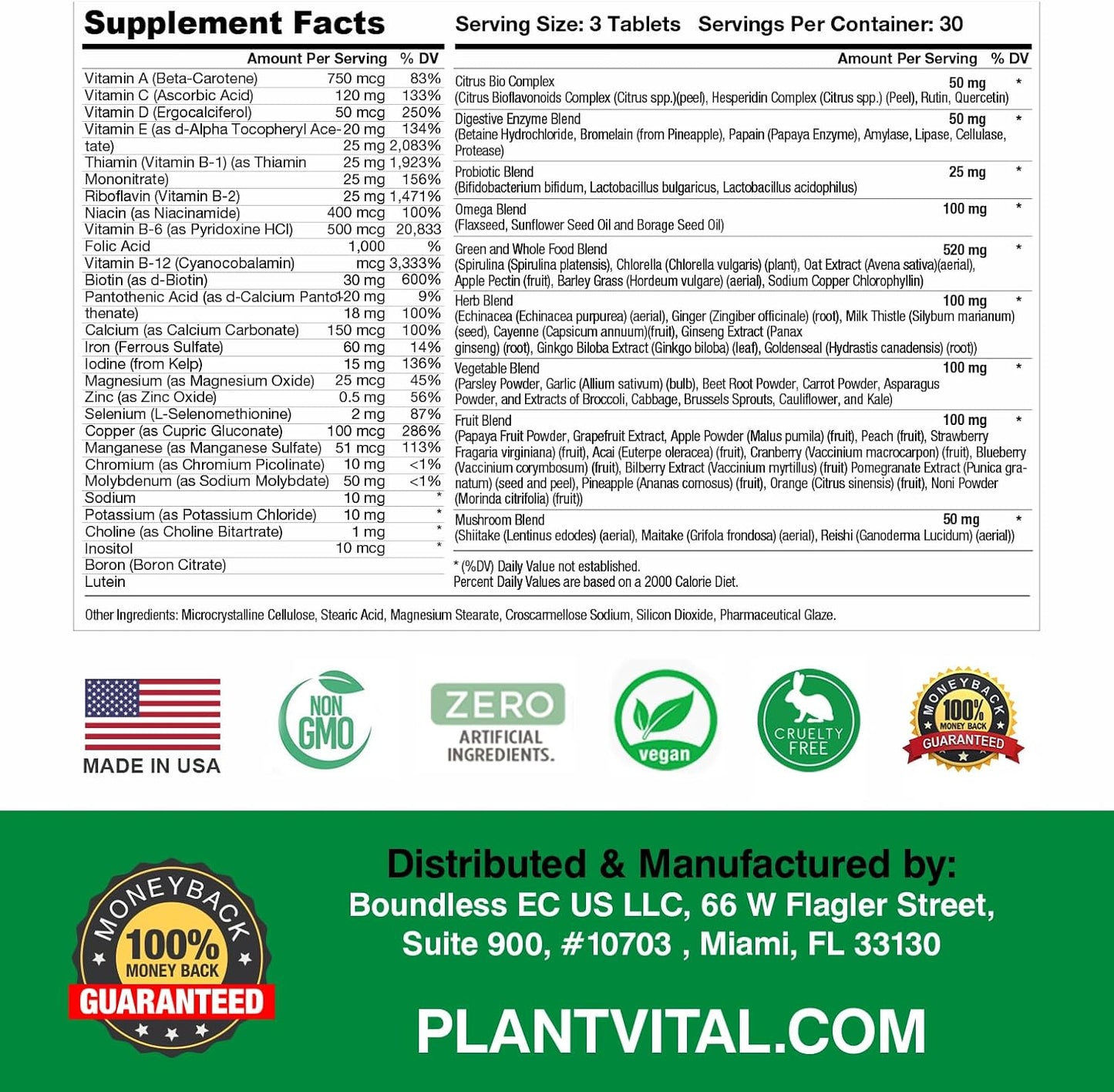 Plantvital Whole Food Multivitamin with 42 Superfoods - 270 Tablets, Raw Veggies and Fruits Supplement for Earth Energy