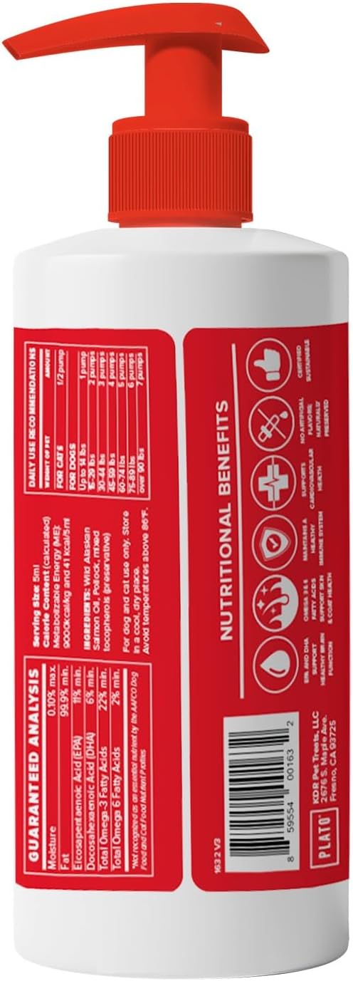 PLATO Wild Alaskan Salmon Oil Kibble Topper - Enhance Dog Food with Omega-3 & Omega-6 for Skin & Coat - 8 oz