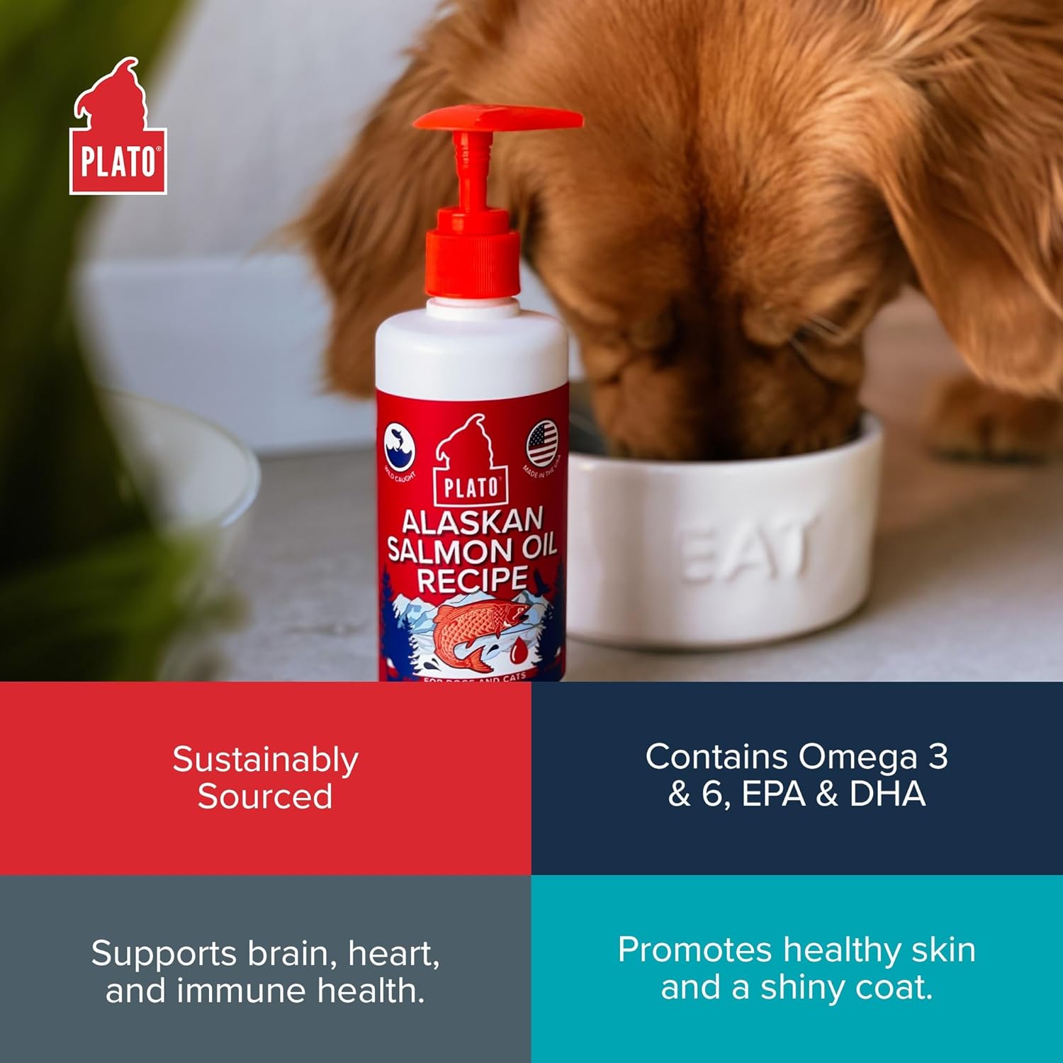 PLATO Wild Alaskan Salmon Oil Kibble Topper - Enhance Dog Food with Omega-3 & Omega-6 for Skin & Coat - 8 oz