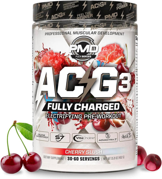 PMD Sports ACG3 Fully Charged Pre Workout Powder - High Energy Cherry Slush for Men and Women - Boost Focus, Endurance & Performance with this Electrifying Formula (30-60 Servings)