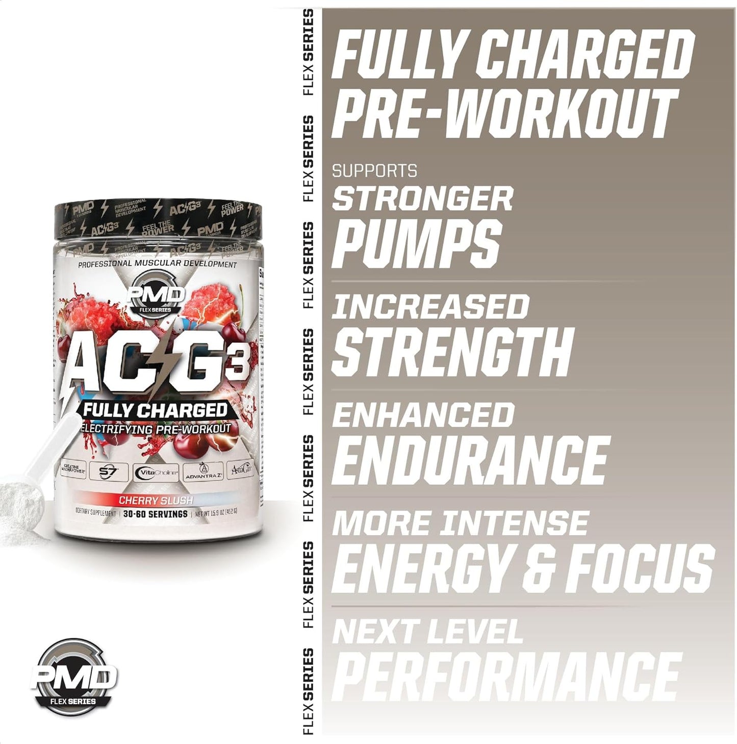 PMD Sports ACG3 Fully Charged Pre Workout Powder - High Energy Cherry Slush for Men and Women - Boost Focus, Endurance & Performance with this Electrifying Formula (30-60 Servings)