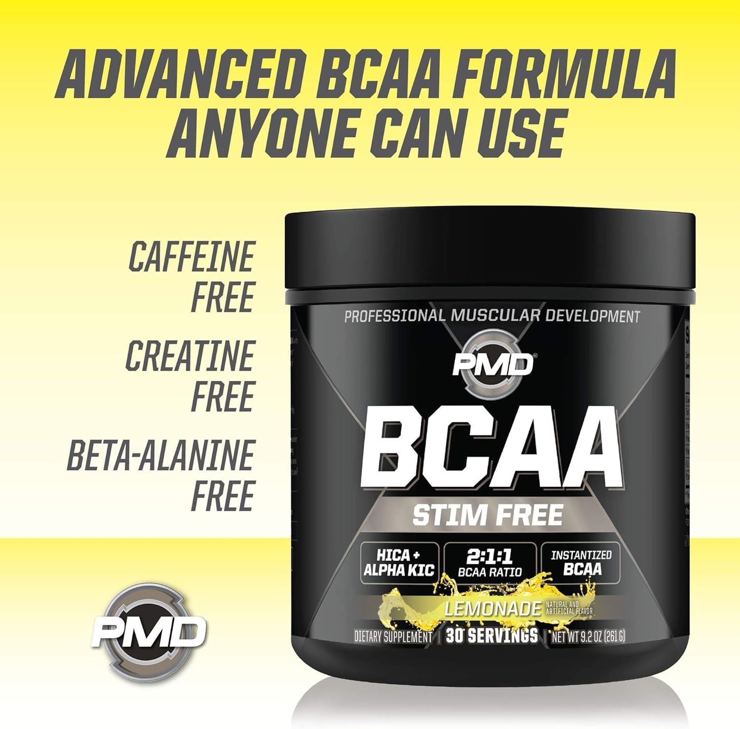 PMD Sports BCAA Amino Acids Powder - Lemonade Flavor, Stim-Free Workout Support, Recovery, Energy, Muscle Building - 30 Servings