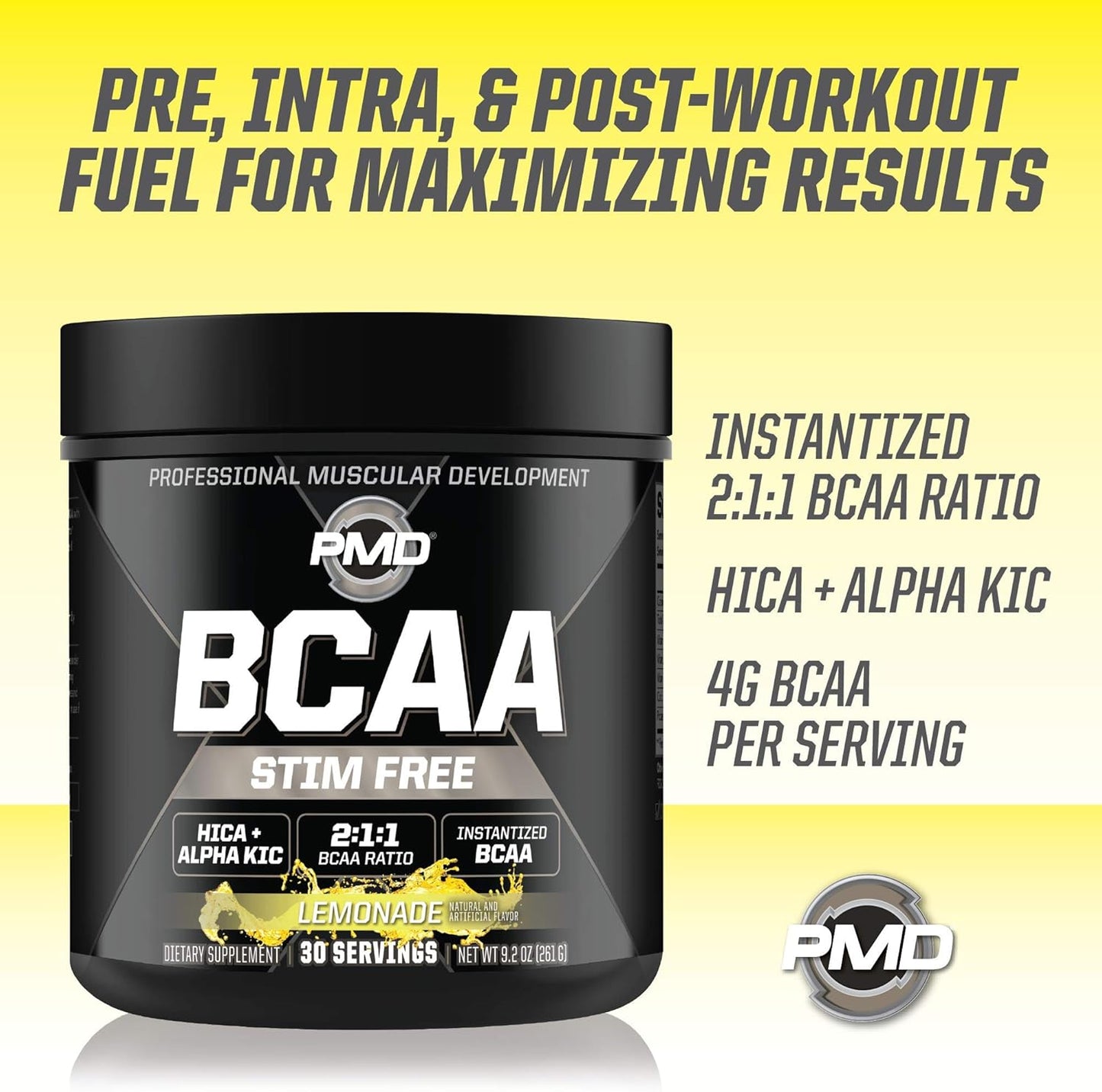 PMD Sports BCAA Amino Acids Powder - Lemonade Flavor, Stim-Free Workout Support, Recovery, Energy, Muscle Building - 30 Servings