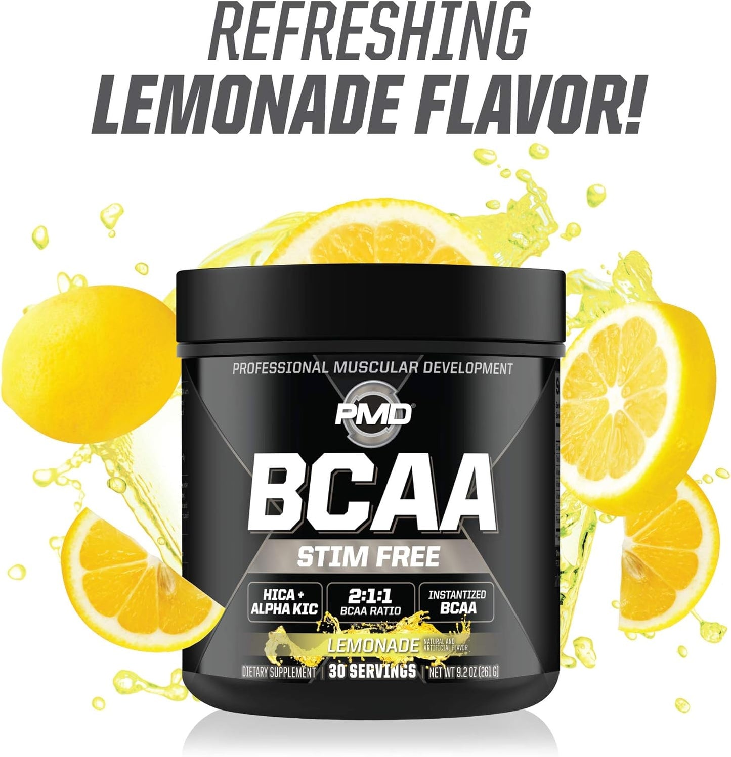 PMD Sports BCAA Amino Acids Powder - Lemonade Flavor, Stim-Free Workout Support, Recovery, Energy, Muscle Building - 30 Servings