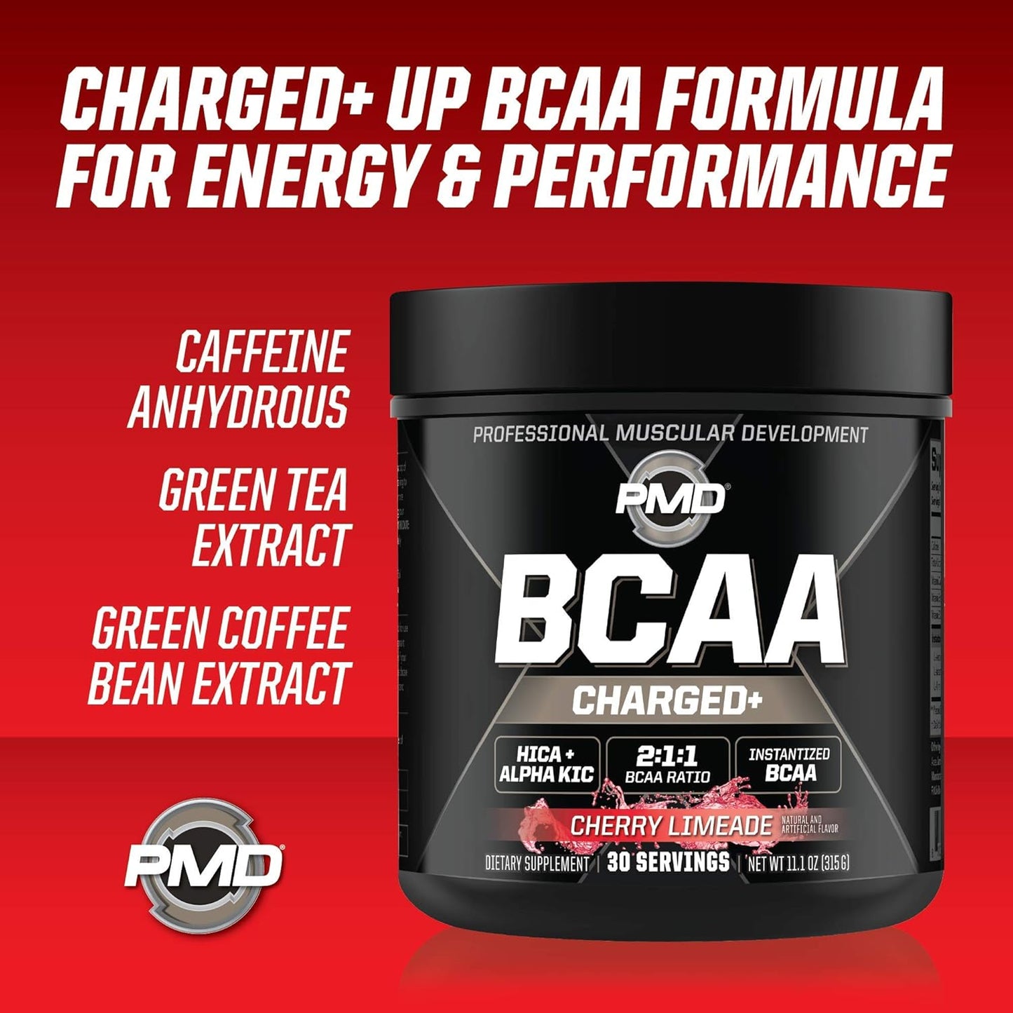 PMD Sports BCAA Charged Amino Acid Drink Mix - Cherry Limeade Flavor for Performance, Recovery, Endurance, and Hydration - Boost Muscle Function and Energy - 30 Servings