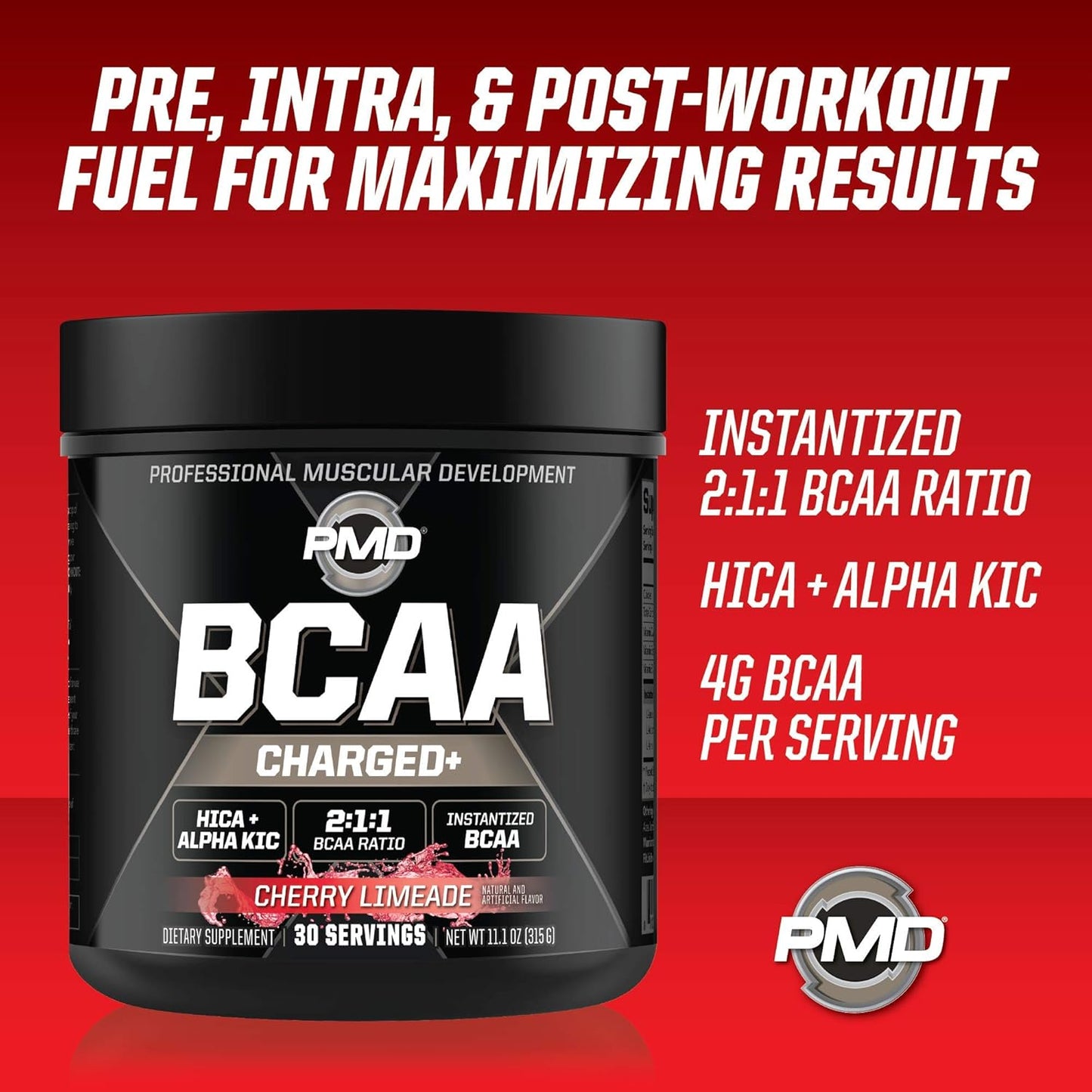 PMD Sports BCAA Charged Amino Acid Drink Mix - Cherry Limeade Flavor for Performance, Recovery, Endurance, and Hydration - Boost Muscle Function and Energy - 30 Servings