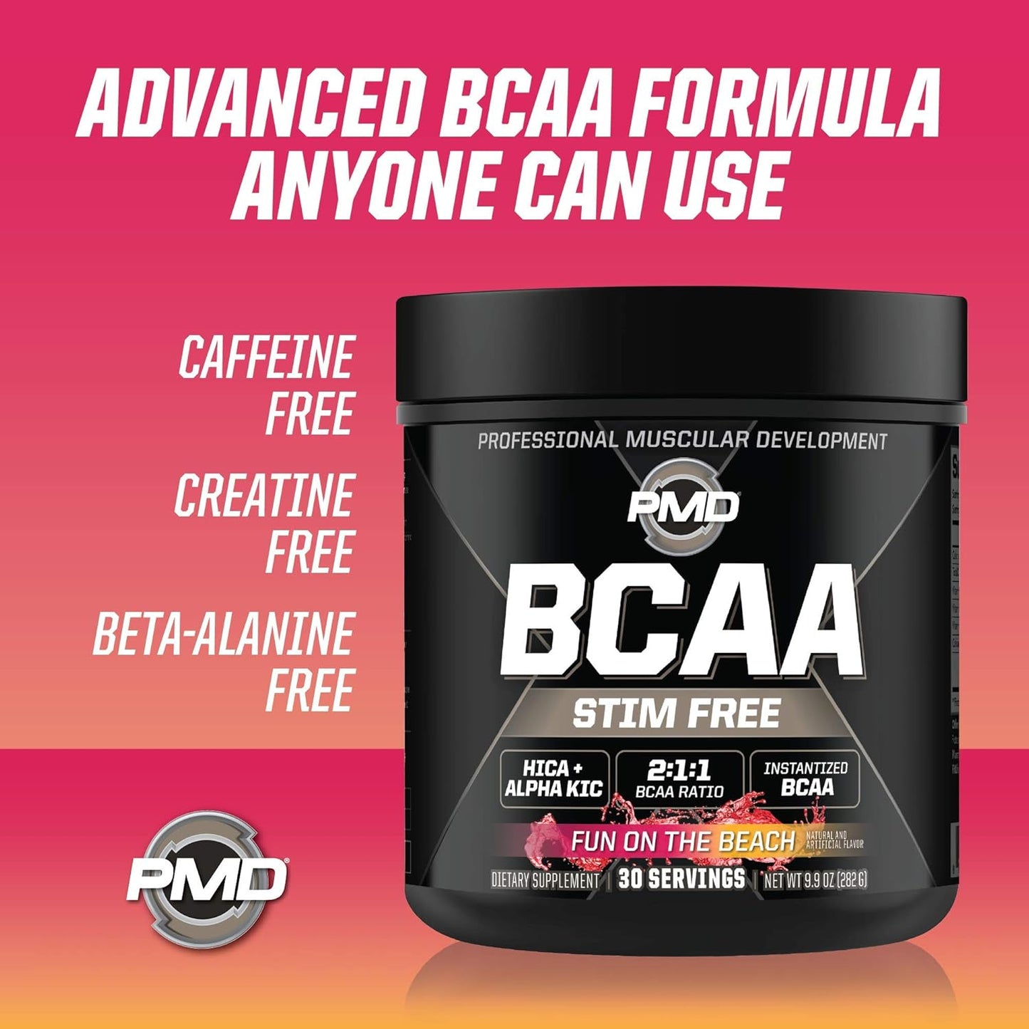 PMD Sports BCAA Powder Drink Mix - Enhanced Workout Performance, Recovery, Energy Boost, Muscle Building - Fun Beach Flavor - 30 Servings