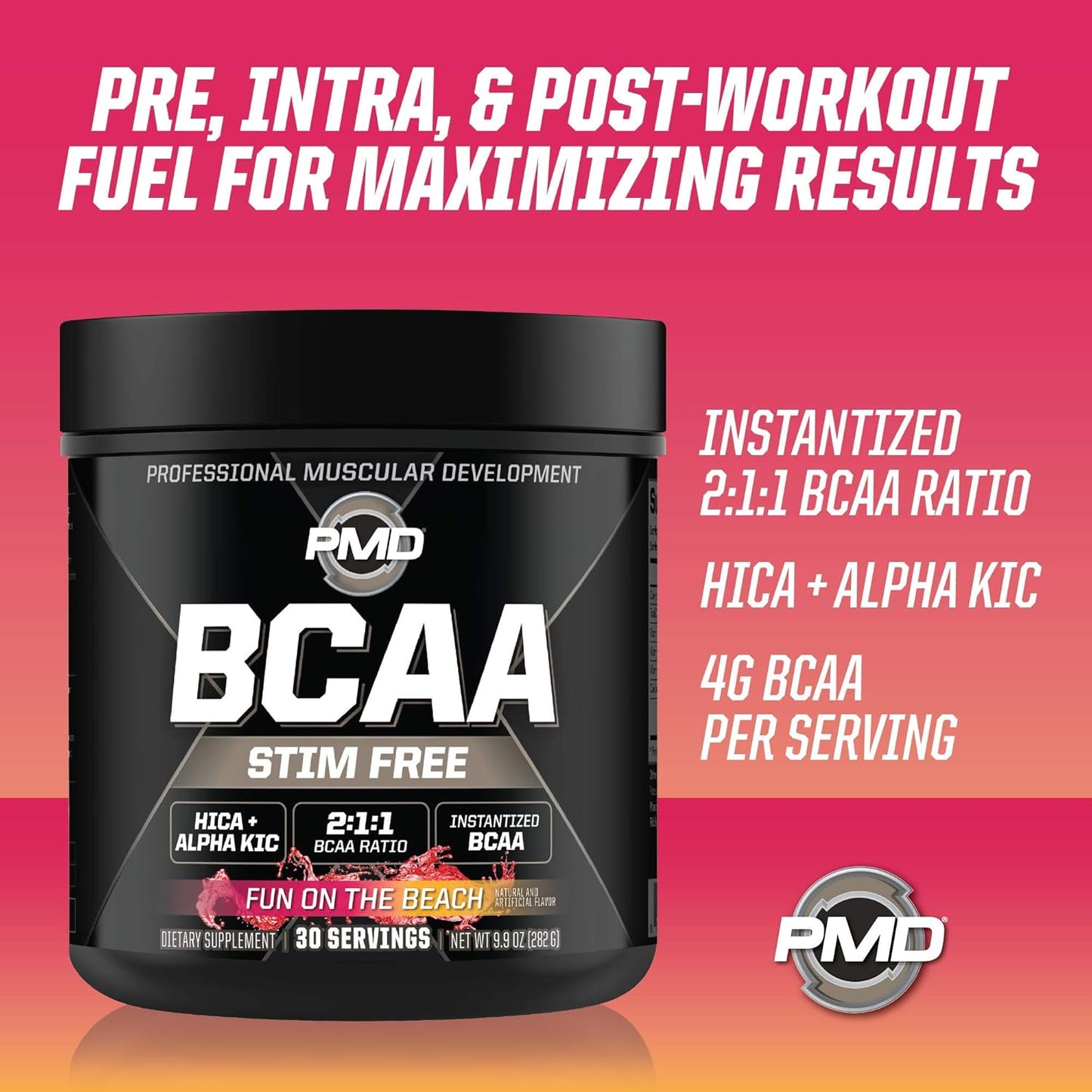 PMD Sports BCAA Powder Drink Mix - Enhanced Workout Performance, Recovery, Energy Boost, Muscle Building - Fun Beach Flavor - 30 Servings