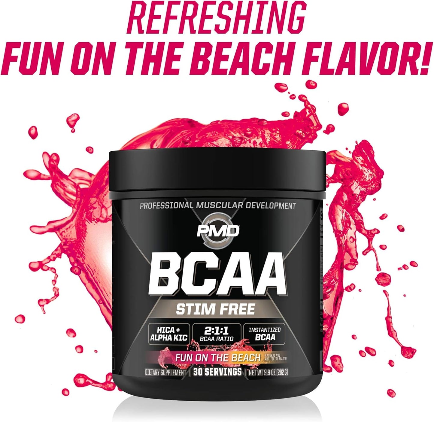 PMD Sports BCAA Powder Drink Mix - Enhanced Workout Performance, Recovery, Energy Boost, Muscle Building - Fun Beach Flavor - 30 Servings