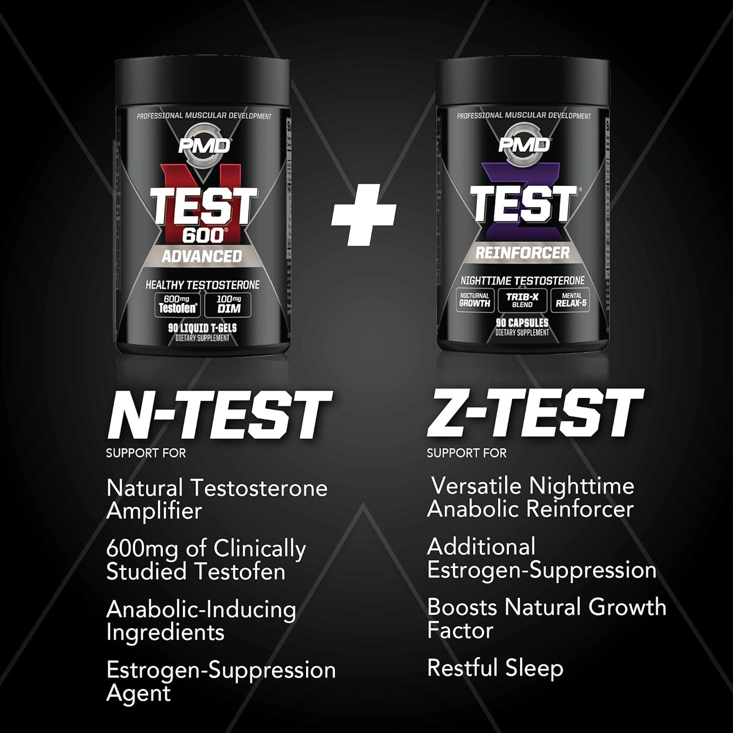 PMD Sports Flex Stack Advanced 24-Hour Testosterone Stack for Lean Muscle Growth, Strength, Recovery, Libido and Restful Sleep - N-Test 600 Advanced / 90 Liquid T-Gels, Z-Test 90 Capsules