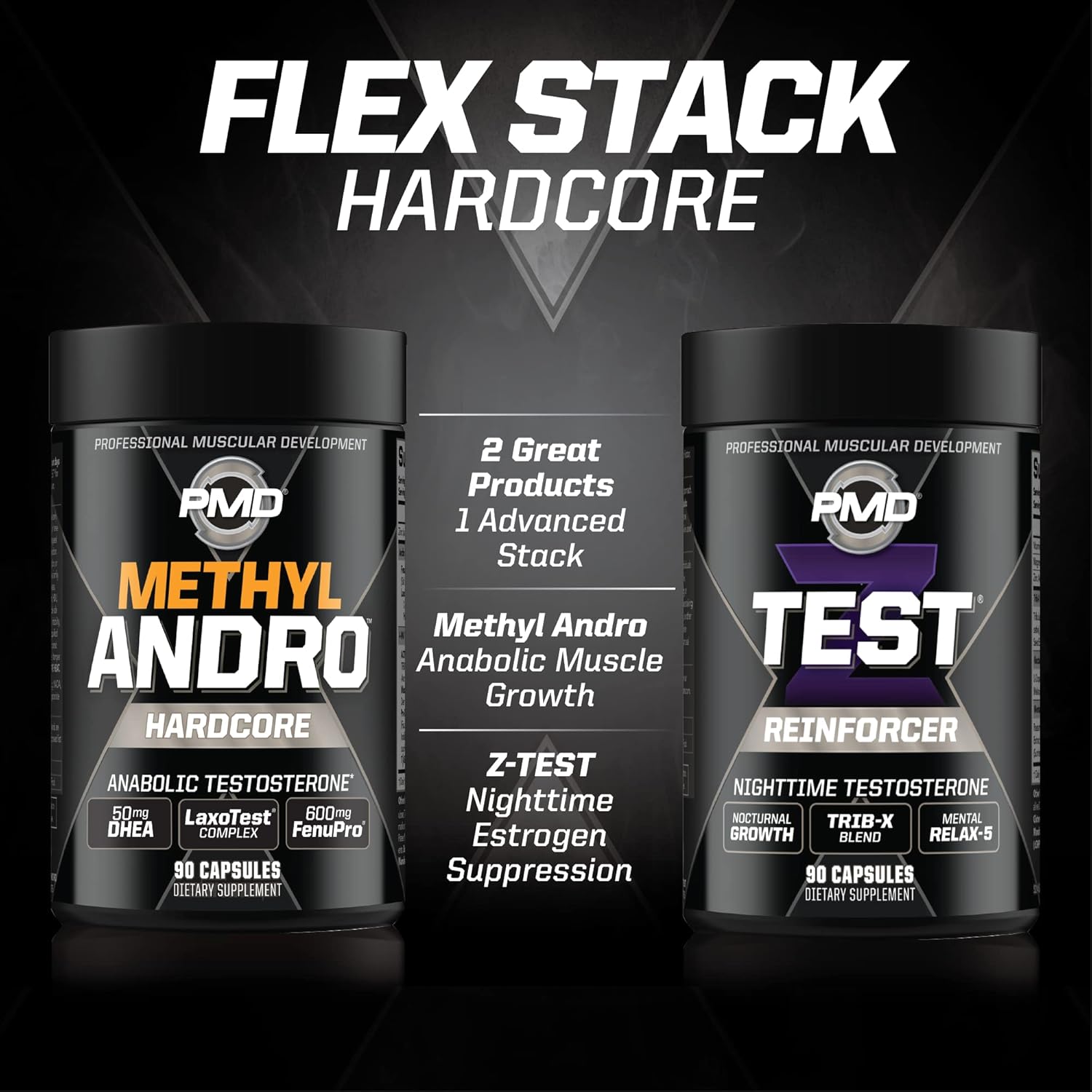 PMD Sports Flex Stack Hardcore Bundle: Increase Muscle Mass, Strength, Libido, and Sleep Quality with Methyl Andro Hardcore and Z-Test Capsules