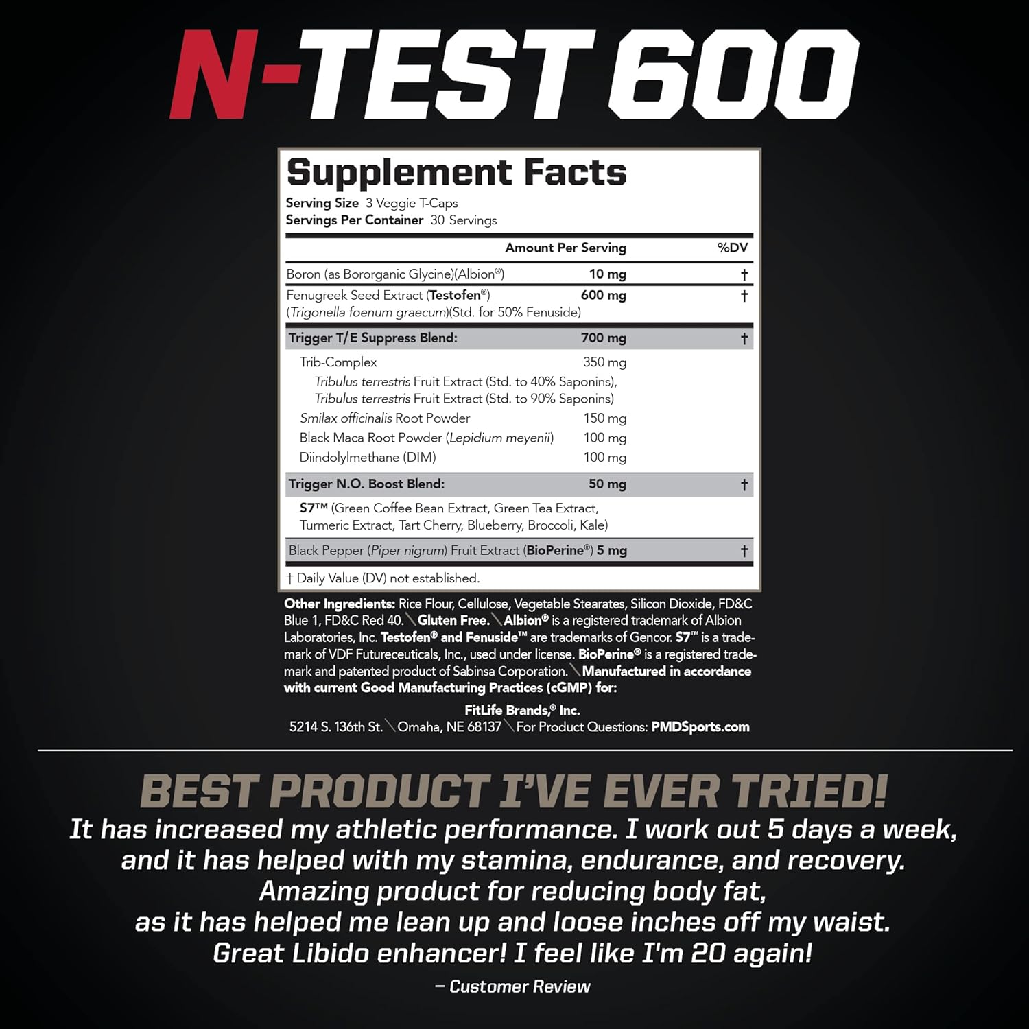 PMD Sports N-Test 600 Nitric Oxide Booster for Men - Testofen, Lean Muscle, Strength Gains, Estrogen Suppression - 90 Veggie Caps