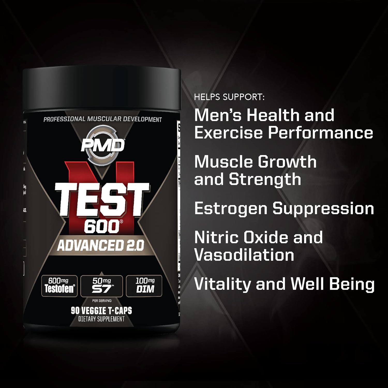 PMD Sports N-Test 600 Nitric Oxide Booster for Men - Testofen, Lean Muscle, Strength Gains, Estrogen Suppression - 90 Veggie Caps
