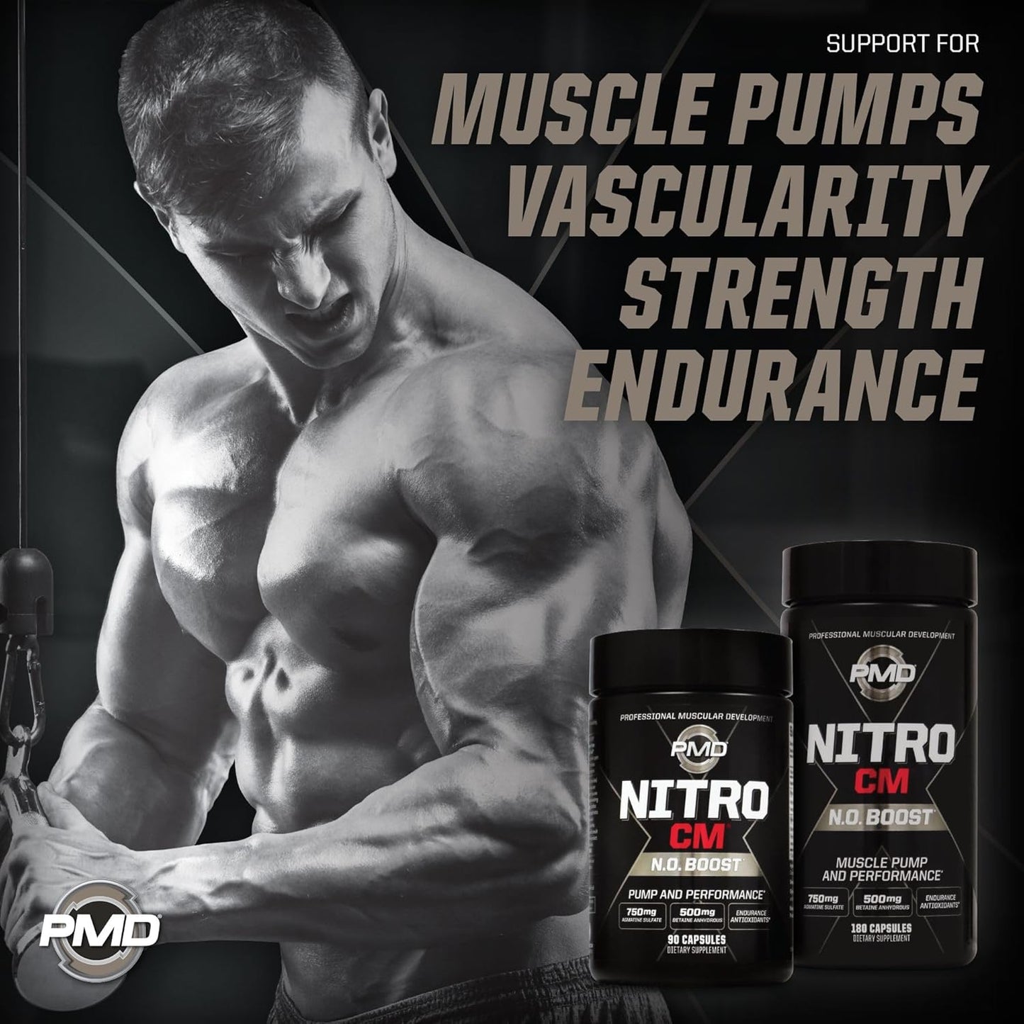 PMD Sports Nitro CM Nitric Oxide & Agmatine Pre Workout Supplement - Muscle Growth & Pump with L-Arginine - Endurance Boost for Training & Bodybuilding - 180 Capsules
