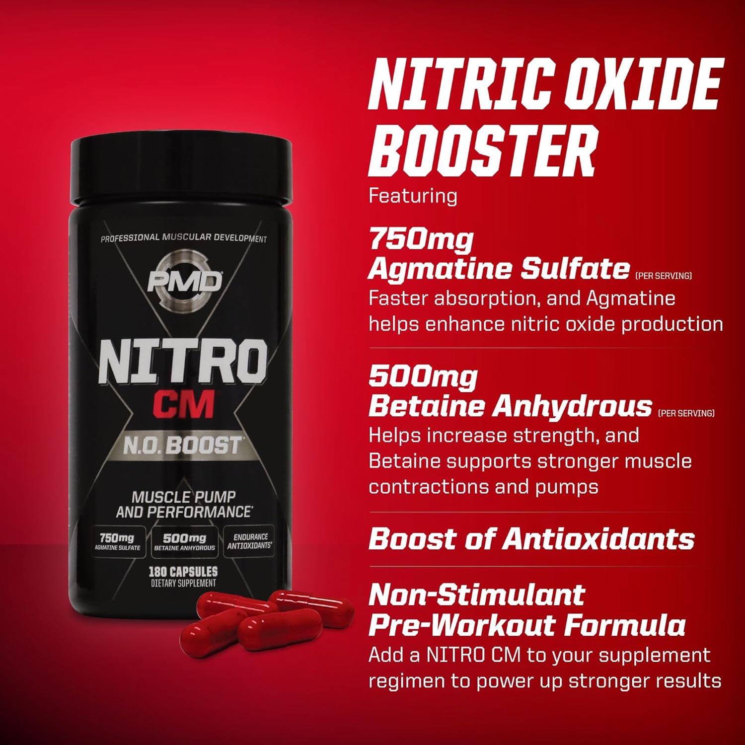 PMD Sports Nitro CM Nitric Oxide & Agmatine Pre Workout Supplement - Muscle Growth & Pump with L-Arginine - Endurance Boost for Training & Bodybuilding - 180 Capsules