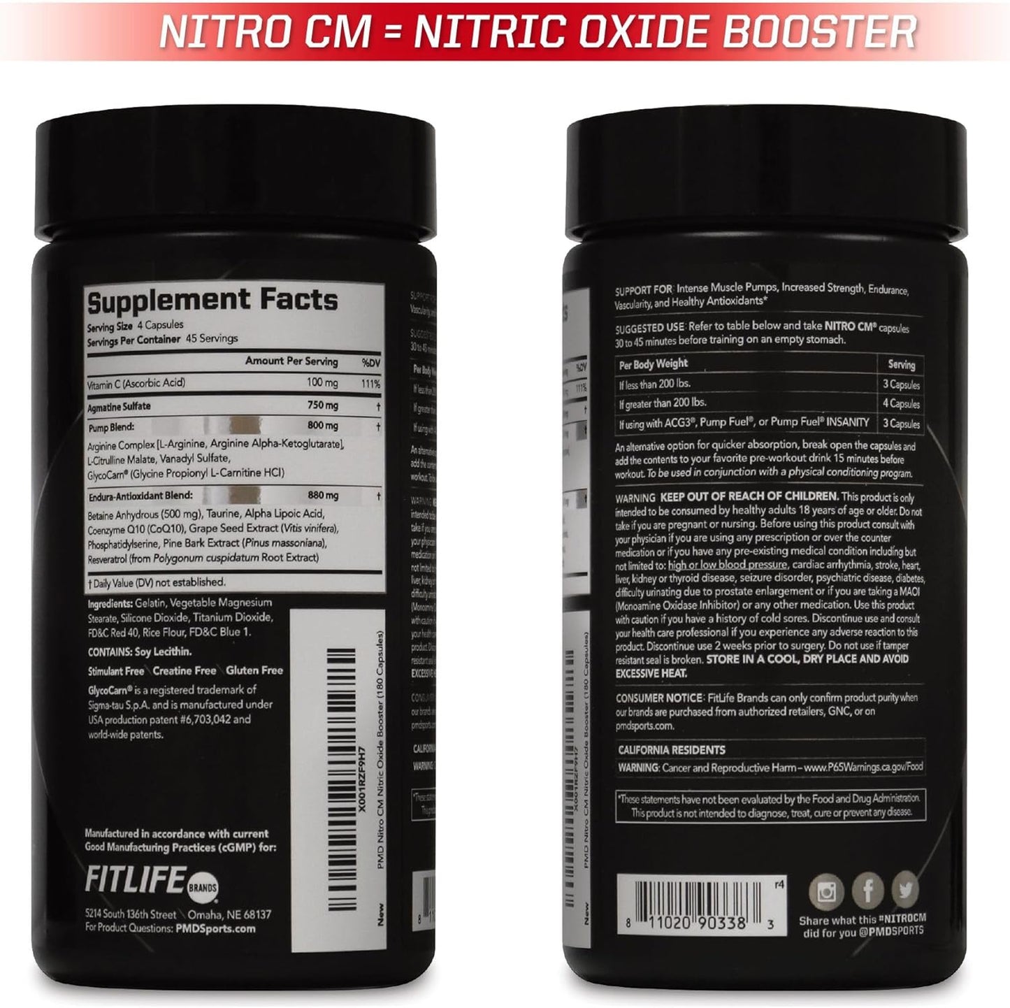 PMD Sports Nitro CM Nitric Oxide & Agmatine Pre Workout Supplement - Muscle Growth & Pump with L-Arginine - Endurance Boost for Training & Bodybuilding - 180 Capsules