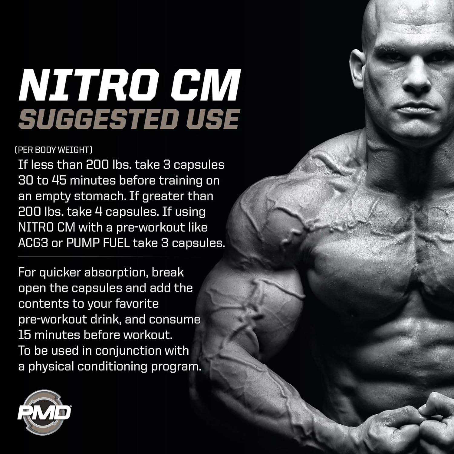 PMD Sports Nitro CM Nitric Oxide & Agmatine Pre Workout Supplement - Muscle Growth & Pump with L-Arginine - Endurance Boost for Training & Bodybuilding - 180 Capsules
