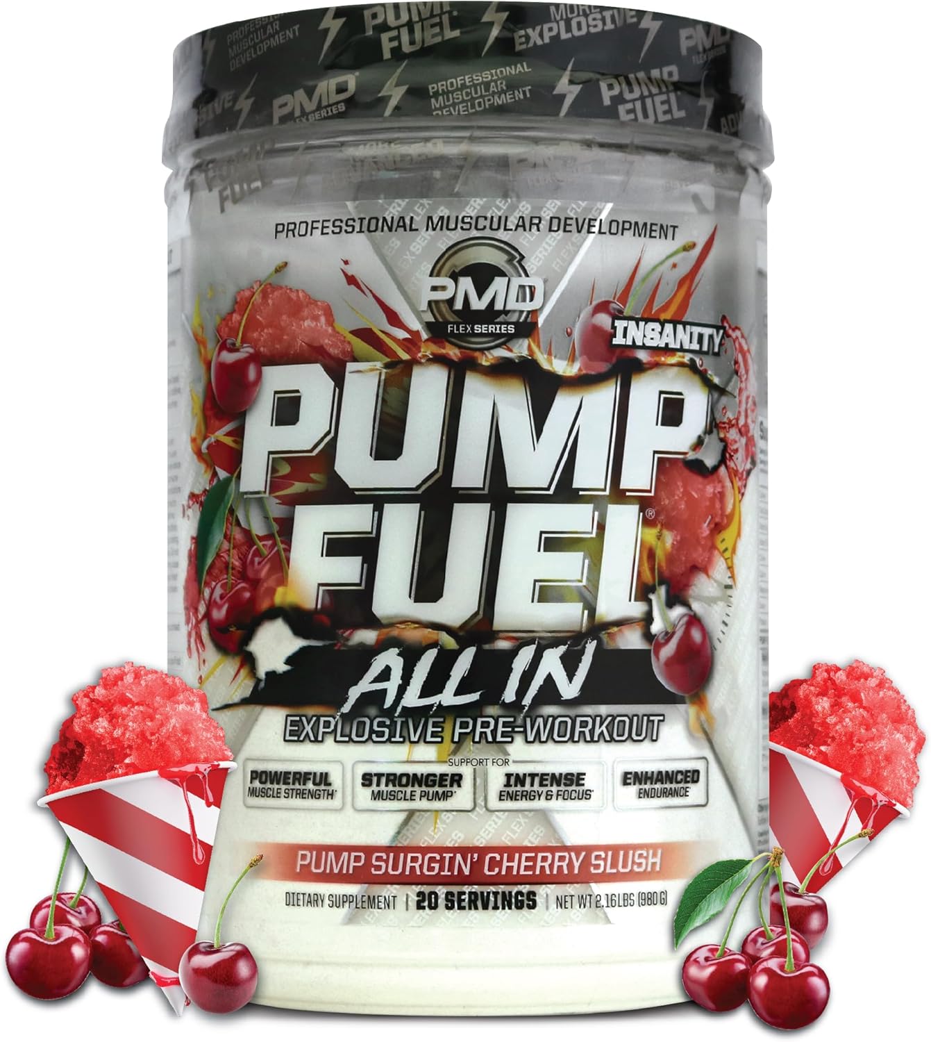 PMD Sports Pump Fuel All in Insanity - Premium Muscle Pump Pre Workout Powder - Surge Cherry Slush (20 Servings)