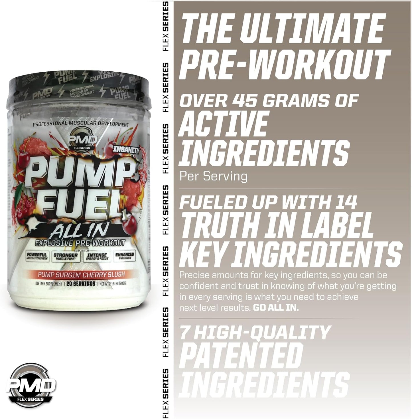 PMD Sports Pump Fuel All in Insanity - Premium Muscle Pump Pre Workout Powder - Surge Cherry Slush (20 Servings)