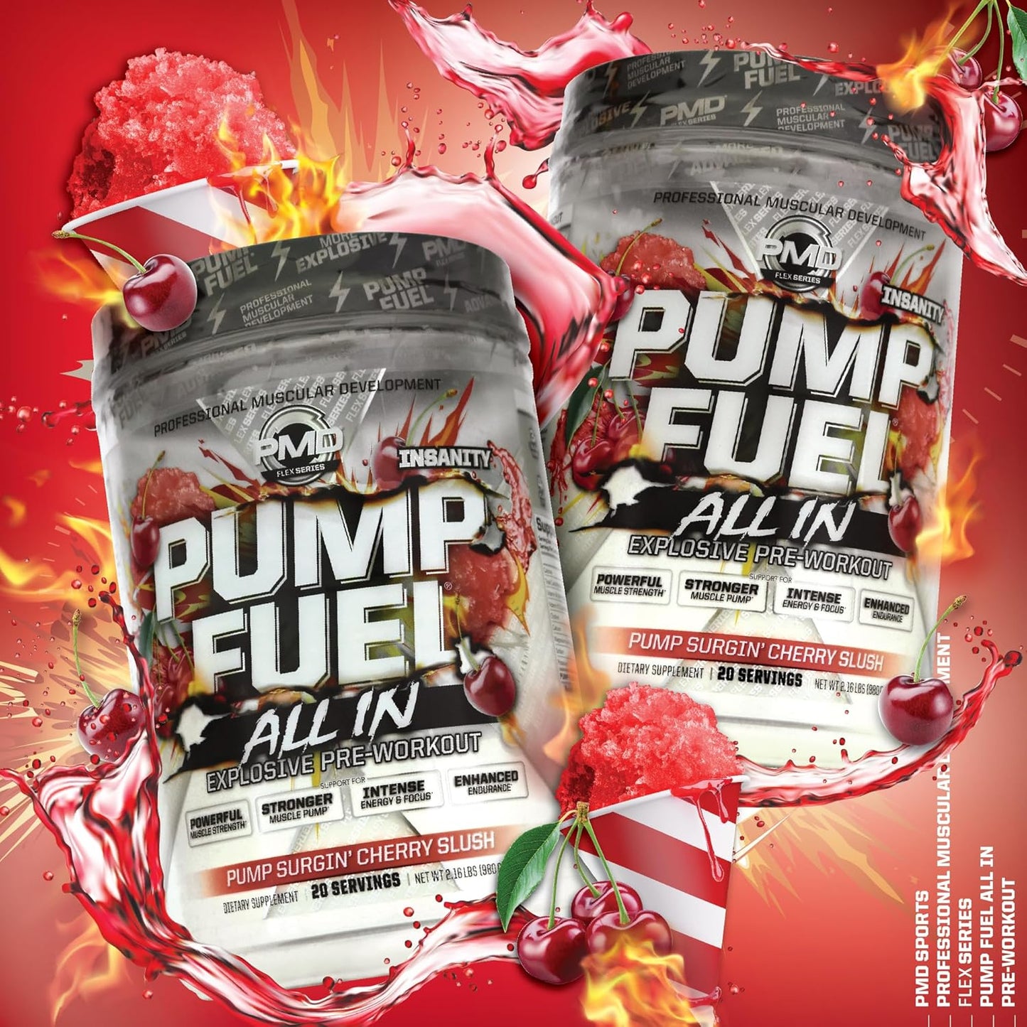 PMD Sports Pump Fuel All in Insanity - Premium Muscle Pump Pre Workout Powder - Surge Cherry Slush (20 Servings)