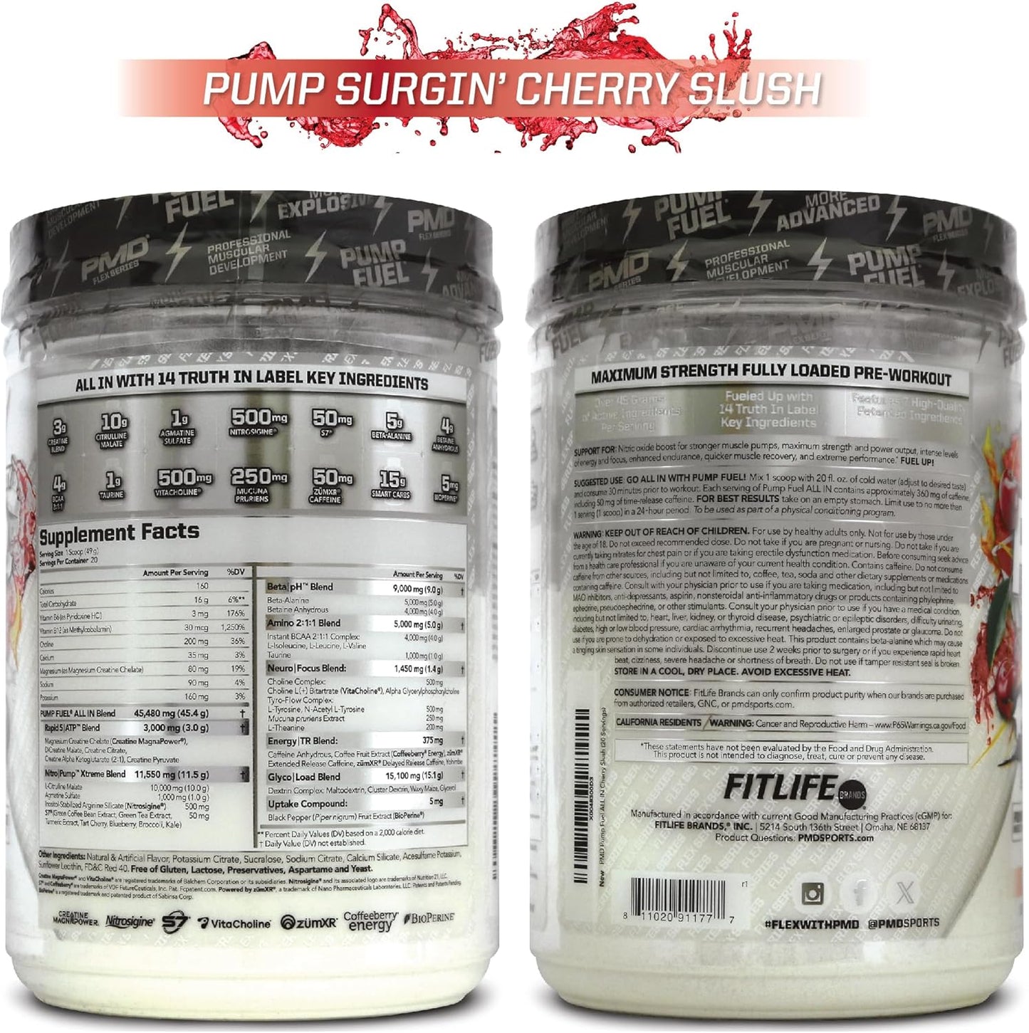 PMD Sports Pump Fuel All in Insanity - Premium Muscle Pump Pre Workout Powder - Surge Cherry Slush (20 Servings)
