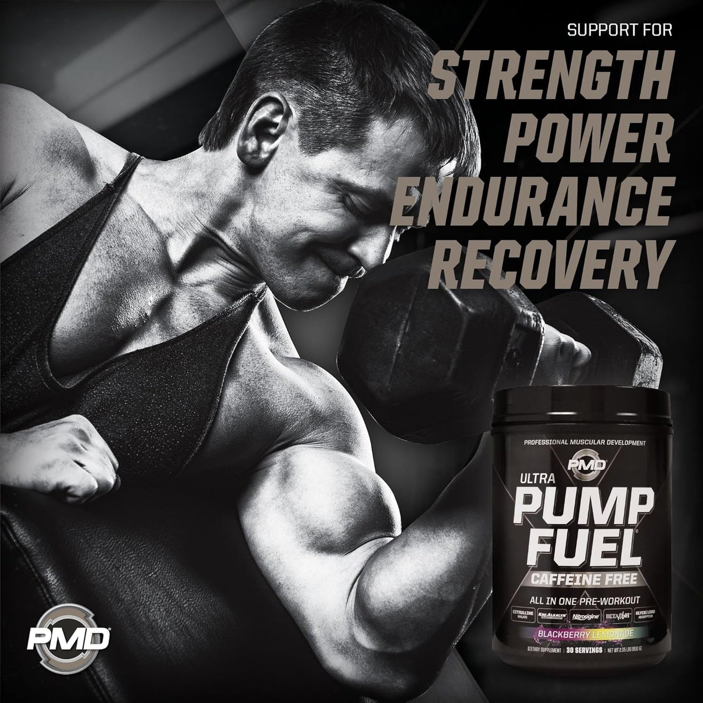 PMD Sports Ultra Pump Fuel Caffeine Free Pre Workout Drink Mix BlackBerry Lemonade - Energy Strength Recovery - 30 Servings