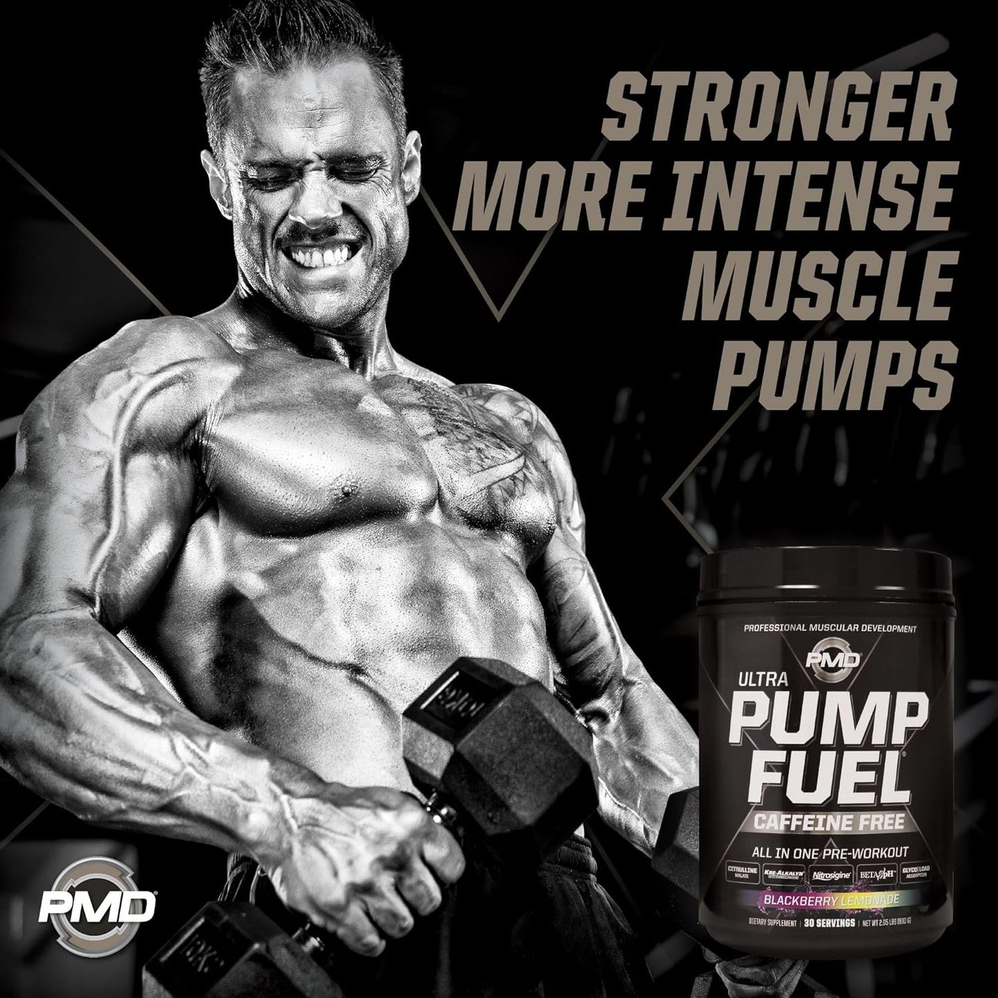 PMD Sports Ultra Pump Fuel Caffeine Free Pre Workout Drink Mix BlackBerry Lemonade - Energy Strength Recovery - 30 Servings