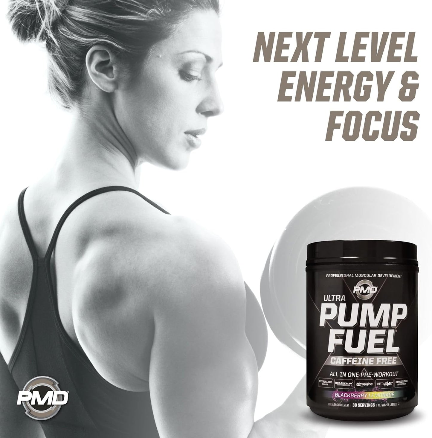 PMD Sports Ultra Pump Fuel Caffeine Free Pre Workout Drink Mix BlackBerry Lemonade - Energy Strength Recovery - 30 Servings