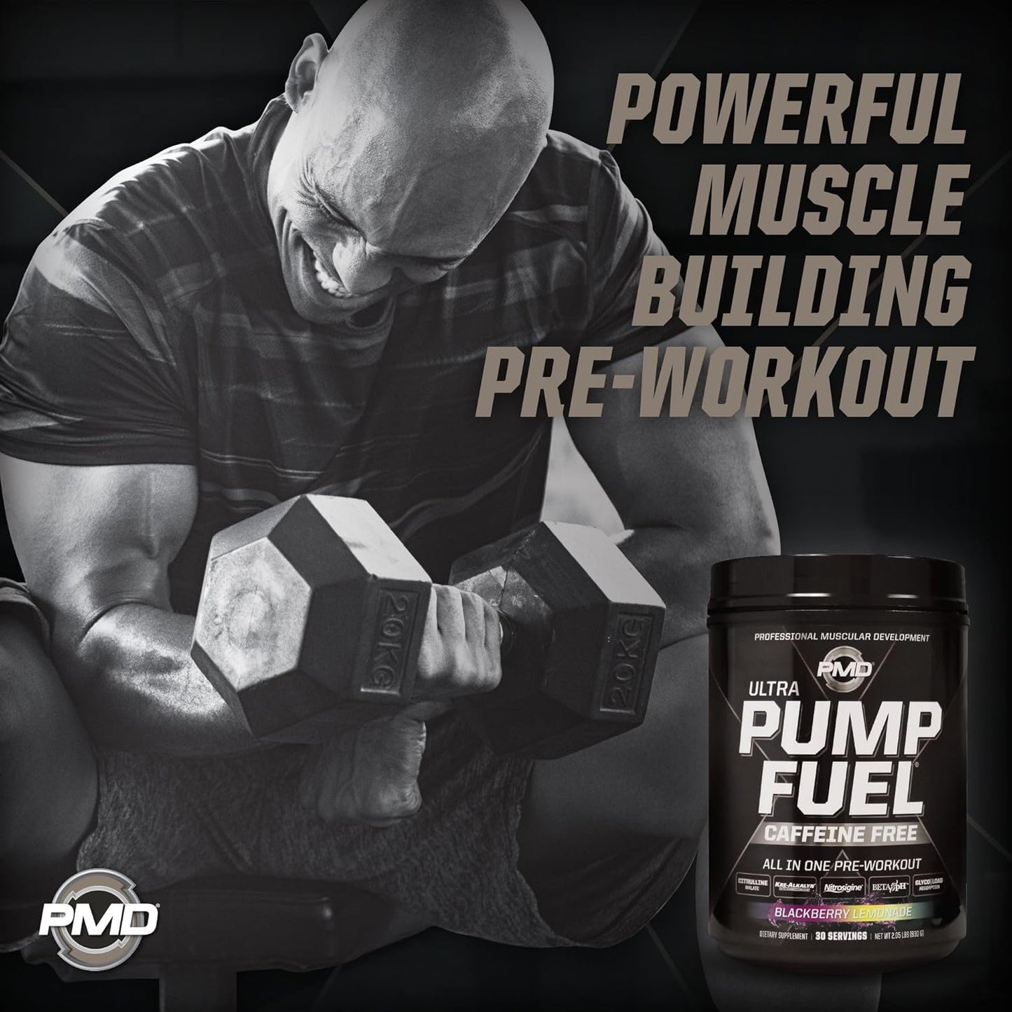 PMD Sports Ultra Pump Fuel Caffeine Free Pre Workout Drink Mix BlackBerry Lemonade - Energy Strength Recovery - 30 Servings