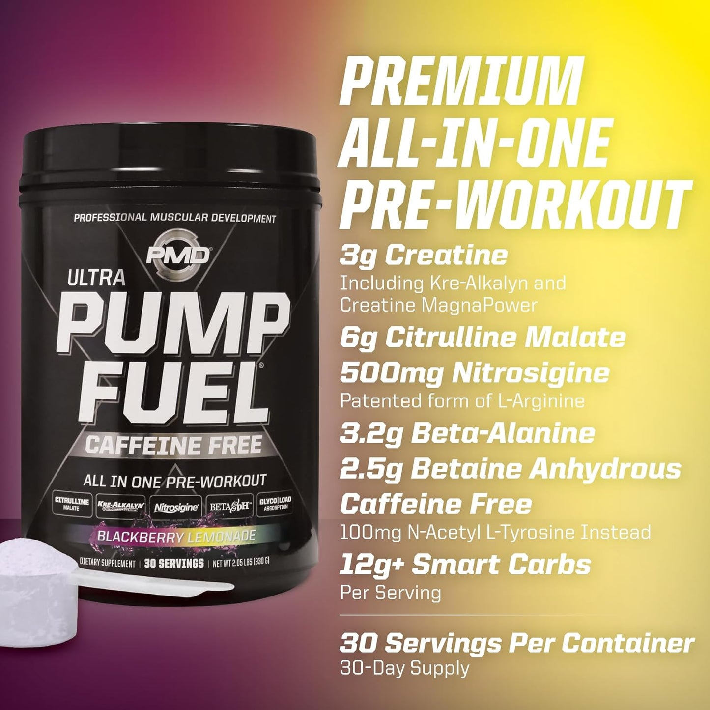 PMD Sports Ultra Pump Fuel Caffeine Free Pre Workout Drink Mix BlackBerry Lemonade - Energy Strength Recovery - 30 Servings