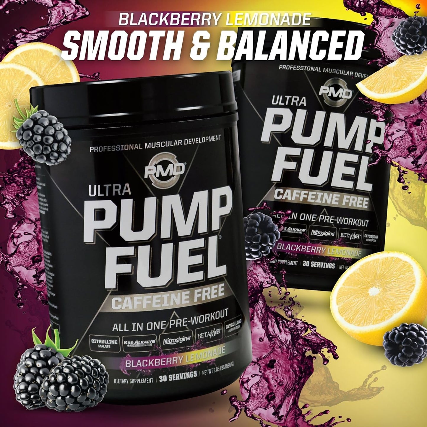 PMD Sports Ultra Pump Fuel Caffeine Free Pre Workout Drink Mix BlackBerry Lemonade - Energy Strength Recovery - 30 Servings