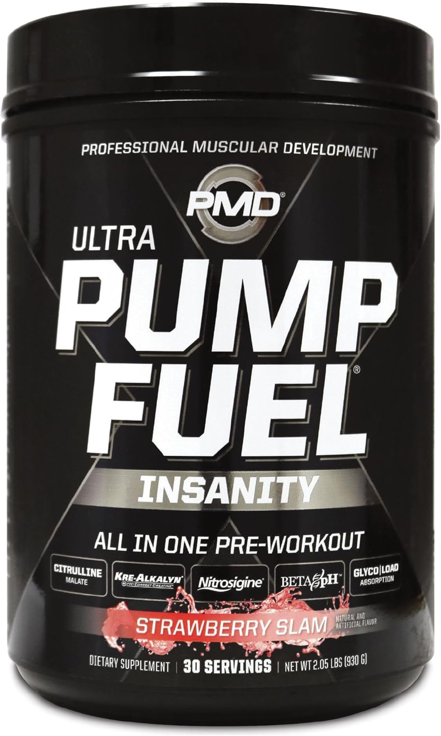 PMD Sports Ultra Pump Fuel Insanity - Strawberry Slam Pre Workout Drink Mix - Boost Energy, Strength, Endurance, Recovery - 30 Servings