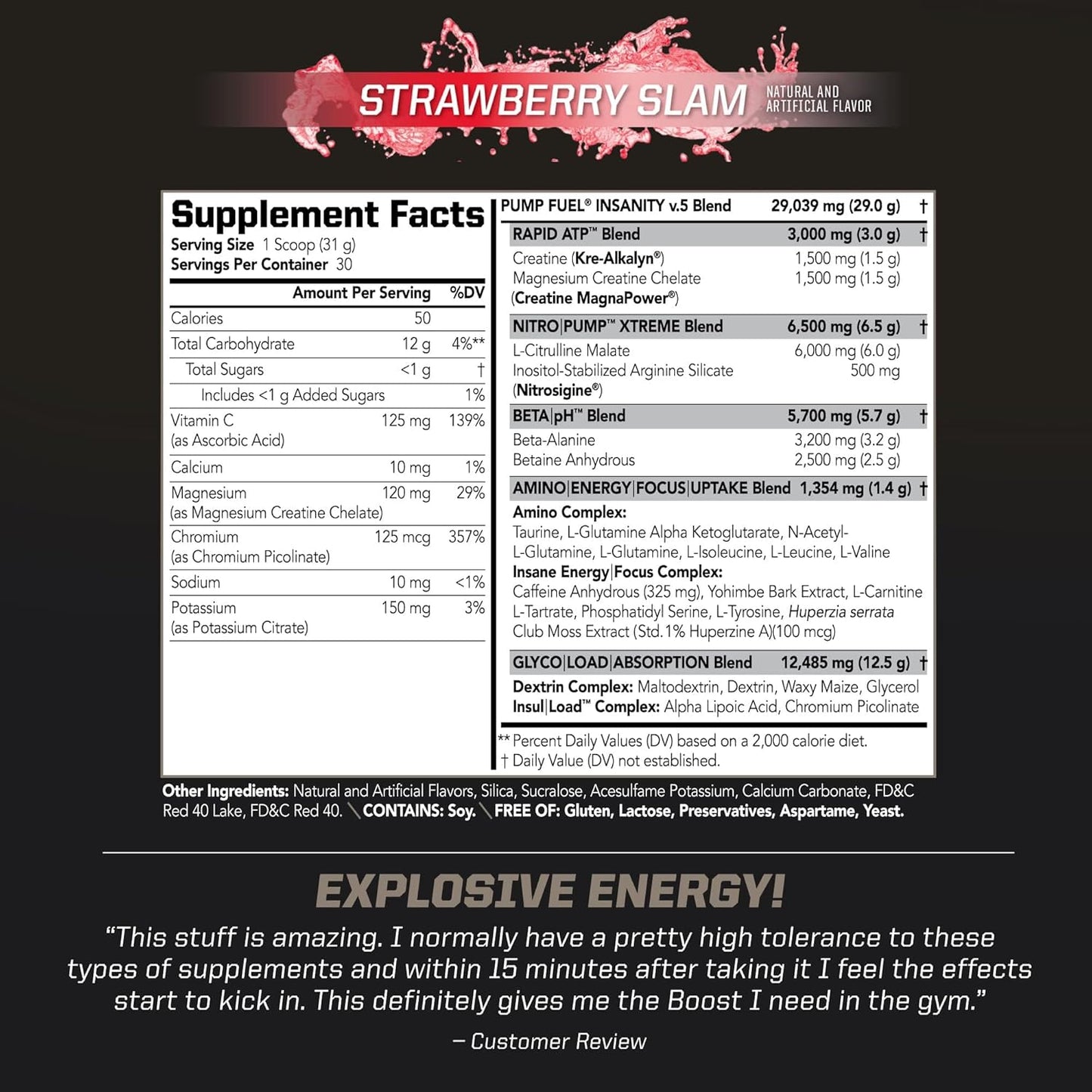PMD Sports Ultra Pump Fuel Insanity - Strawberry Slam Pre Workout Drink Mix - Boost Energy, Strength, Endurance, Recovery - 30 Servings