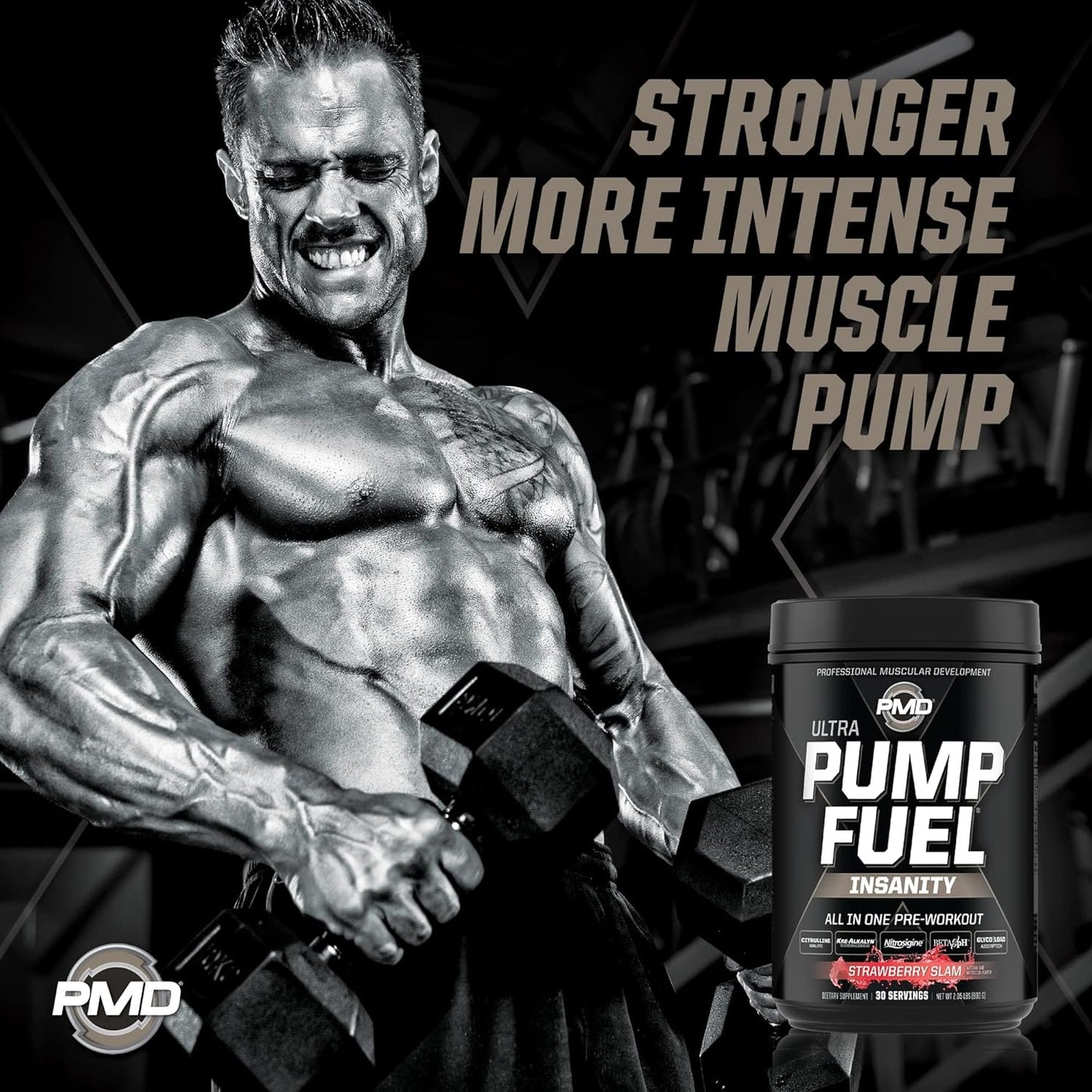 PMD Sports Ultra Pump Fuel Insanity - Strawberry Slam Pre Workout Drink Mix - Boost Energy, Strength, Endurance, Recovery - 30 Servings
