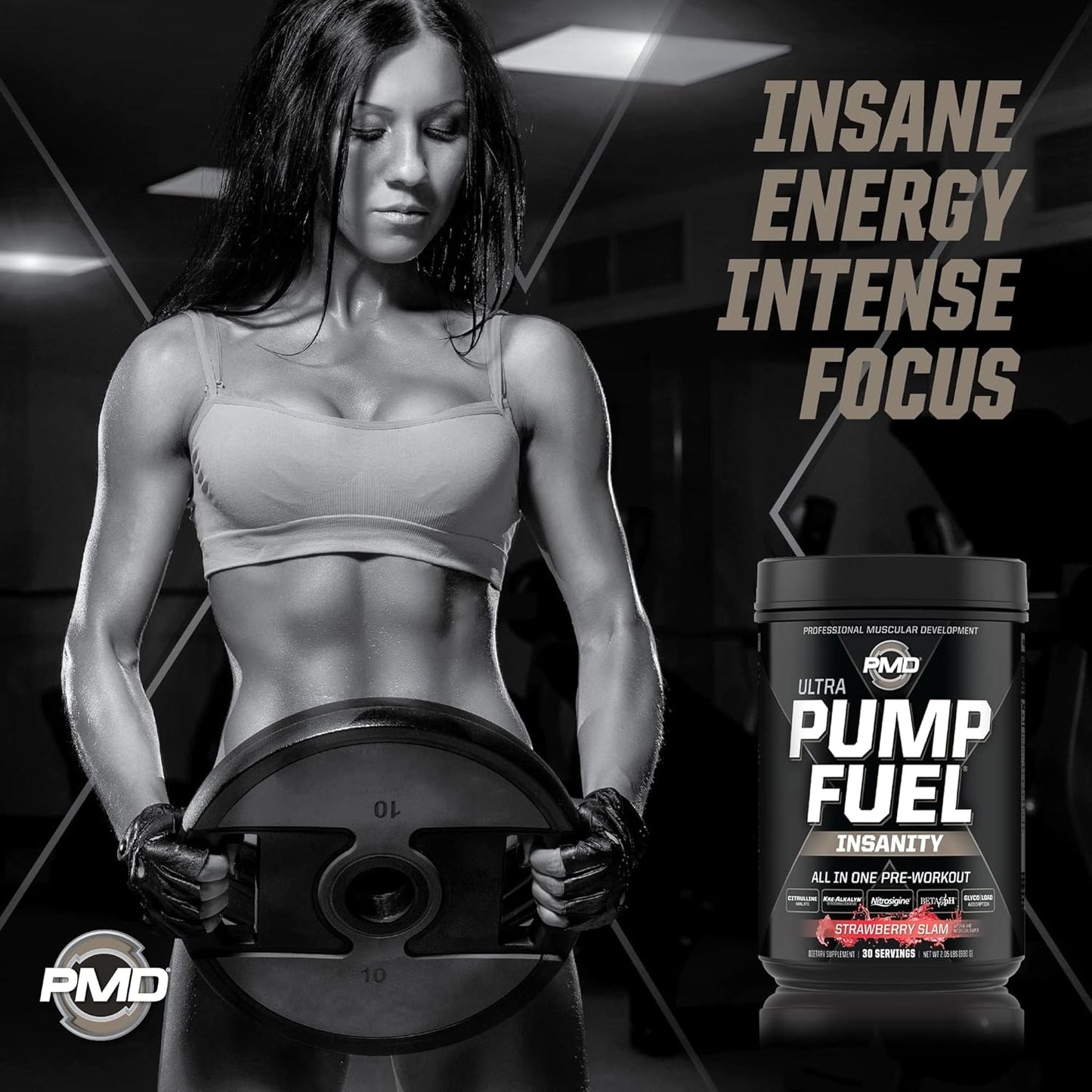 PMD Sports Ultra Pump Fuel Insanity - Strawberry Slam Pre Workout Drink Mix - Boost Energy, Strength, Endurance, Recovery - 30 Servings