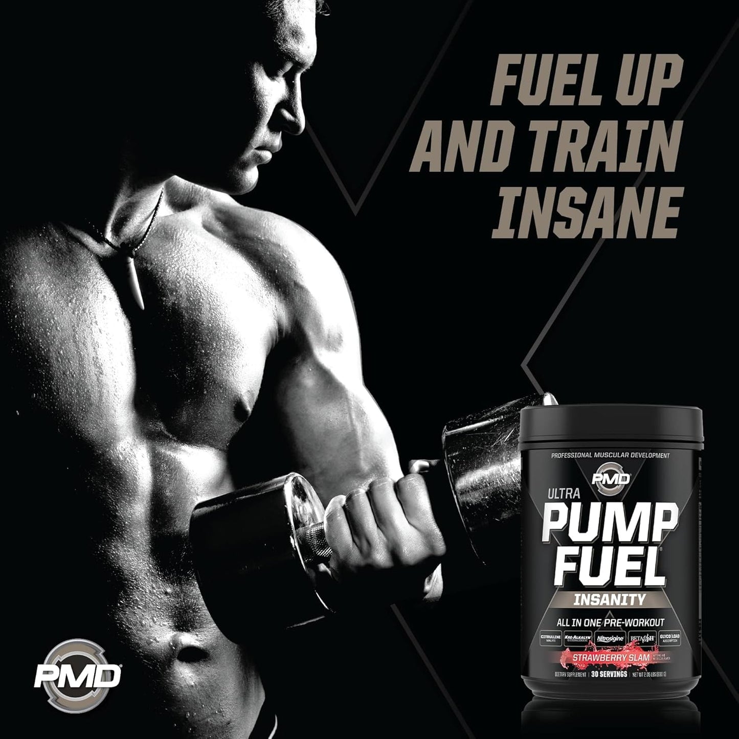 PMD Sports Ultra Pump Fuel Insanity - Strawberry Slam Pre Workout Drink Mix - Boost Energy, Strength, Endurance, Recovery - 30 Servings